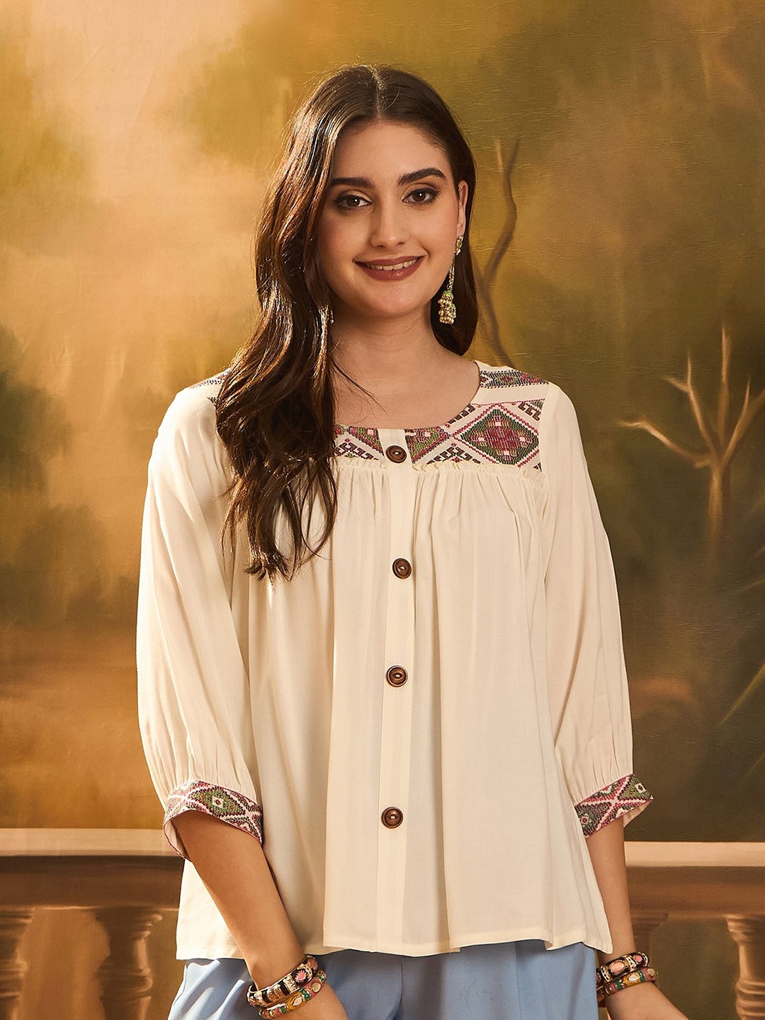 

Sangria Jacquard Motifs Shirt Style Top, White