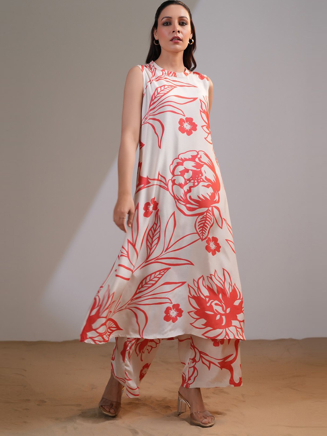 

JISORA Women's Printed Russian Silk Co-ord, Red