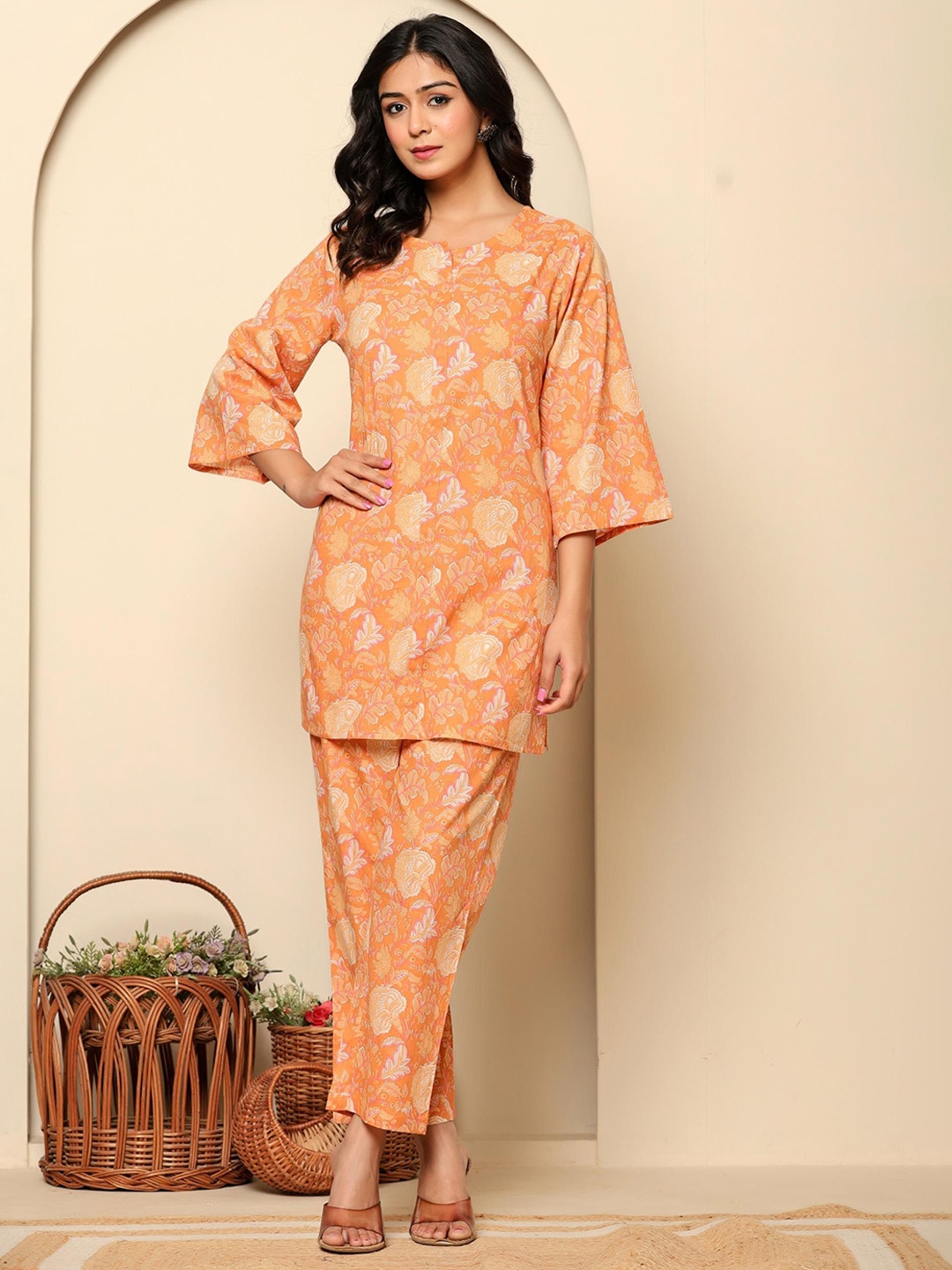 

Ragavi Printed Pure Cotton Tunic With Trouser Co-Ords, Peach