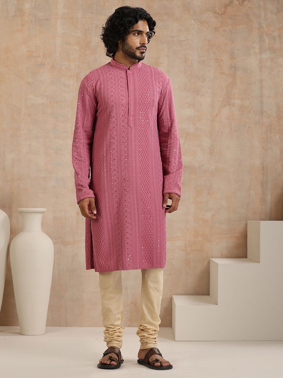 

House of Chikankari Men Geometric Kurta, Mauve