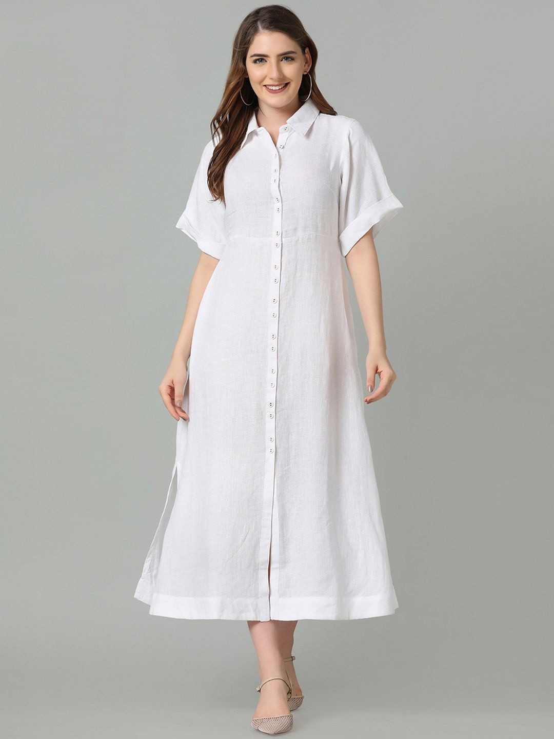 

ECO LEAS BY SHIPRA Linen Shirt Midi Dress, White