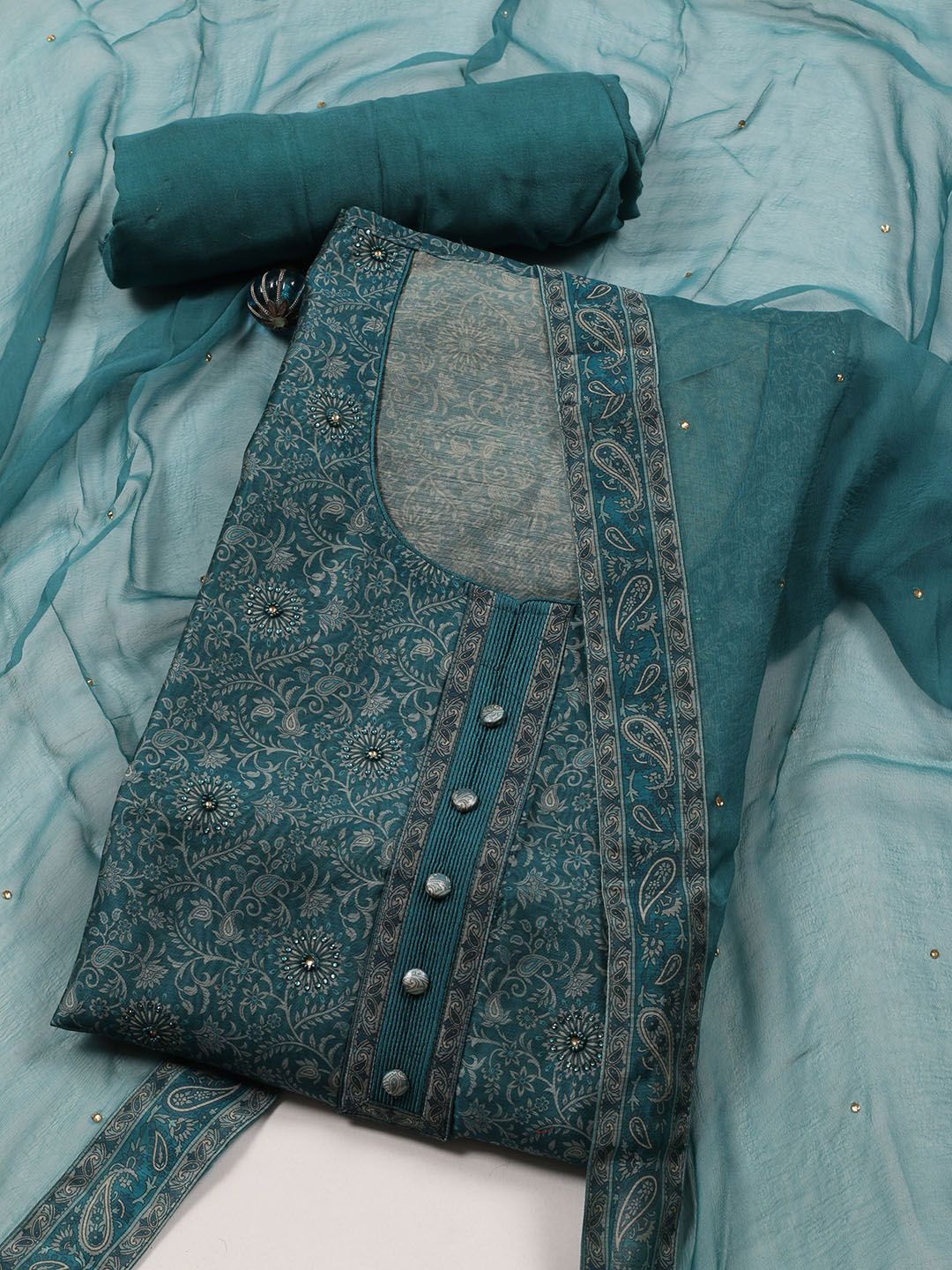 

Meena Bazaar Printed Art Silk Unstitched Dress Material, Blue