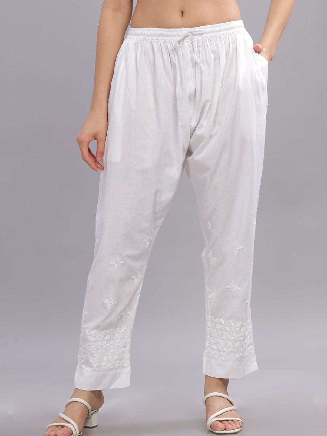 

Club Loom Women Floral Embroidered Knitted Palazzos, White
