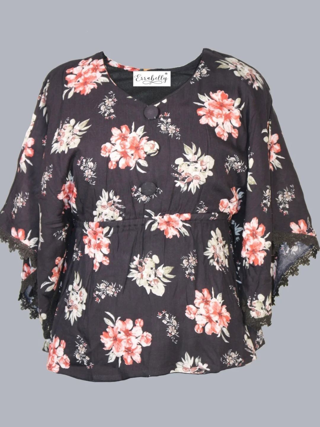 

Errabelly Print Flared Sleeve Cotton Top, Black