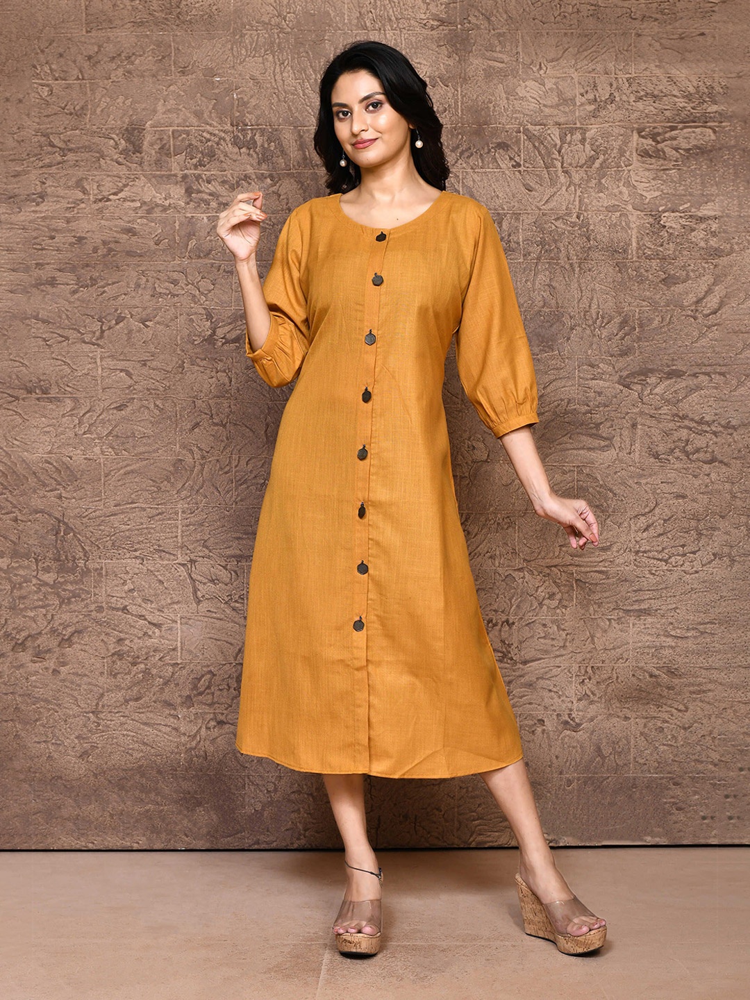 

THREAD SAGA Puff Sleeve A-Line Midi Dress, Mustard