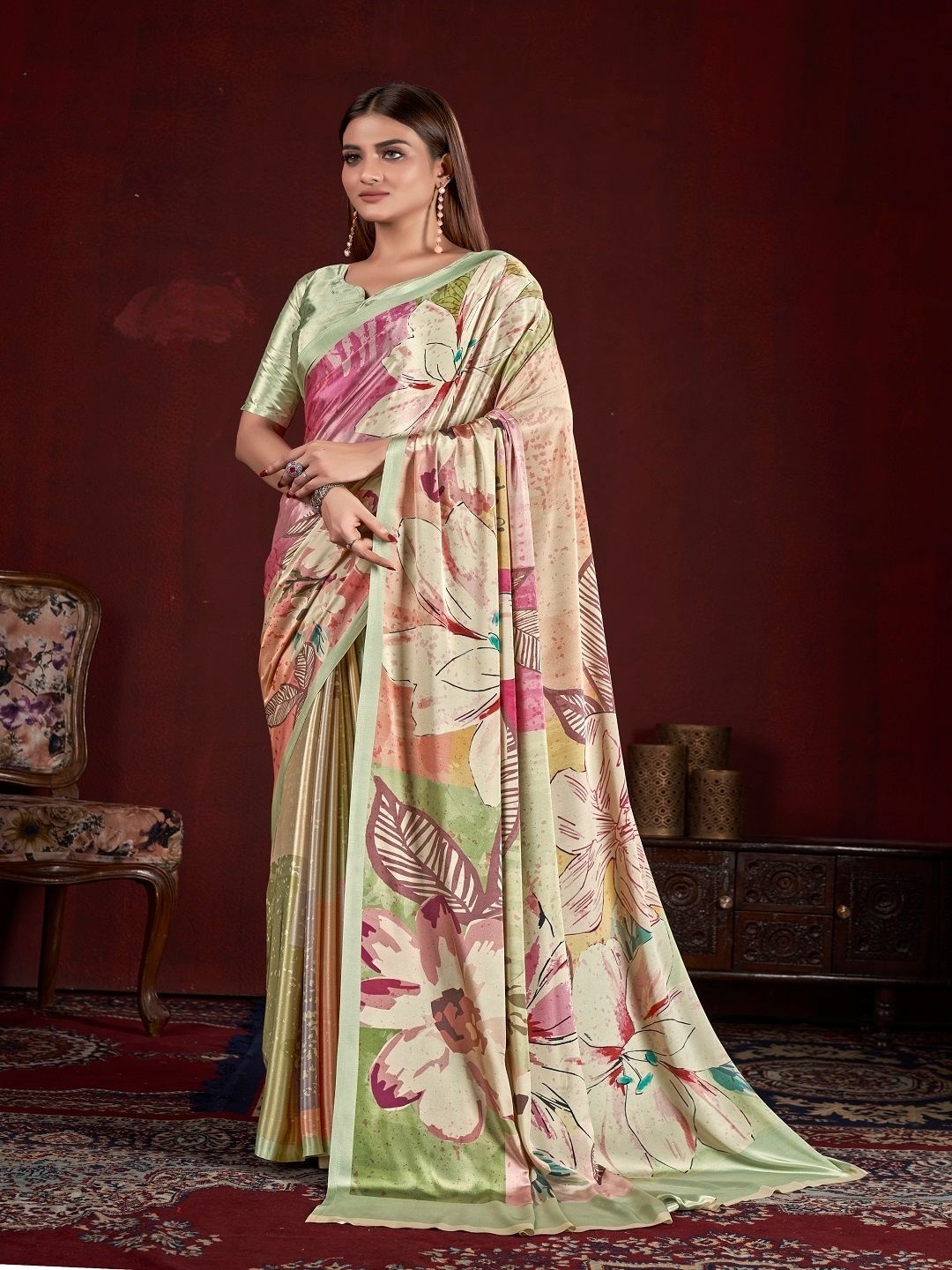 

Suha Floral Poly Crepe Saree, Green