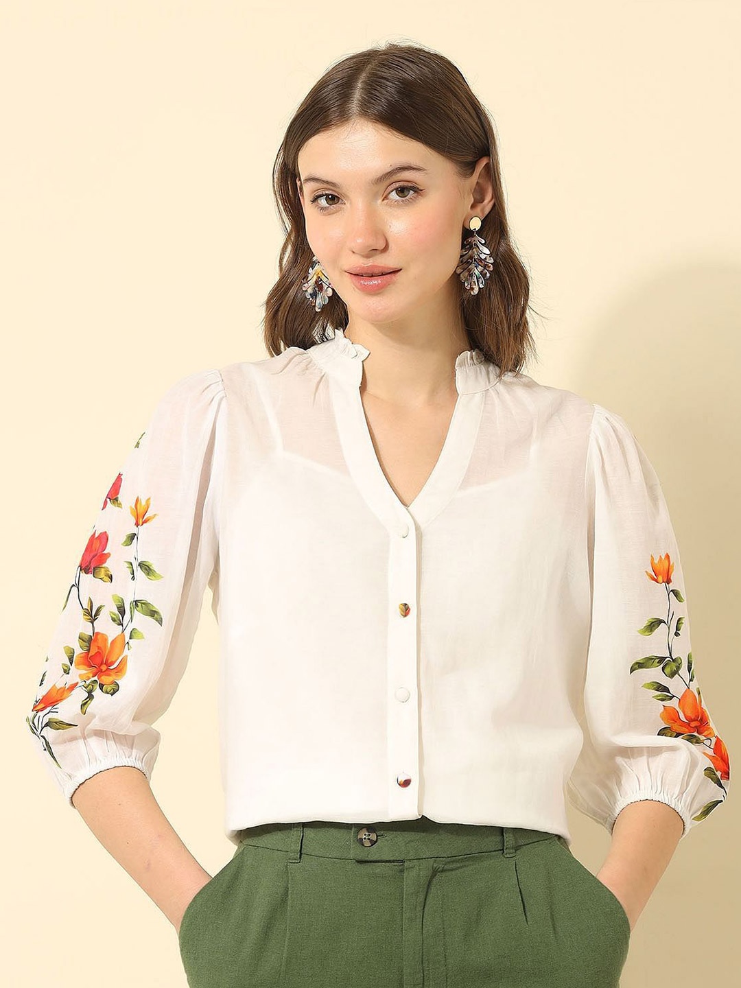 

U.S. Polo Assn. Women Floral Mandarin Collar Cotton Top, White