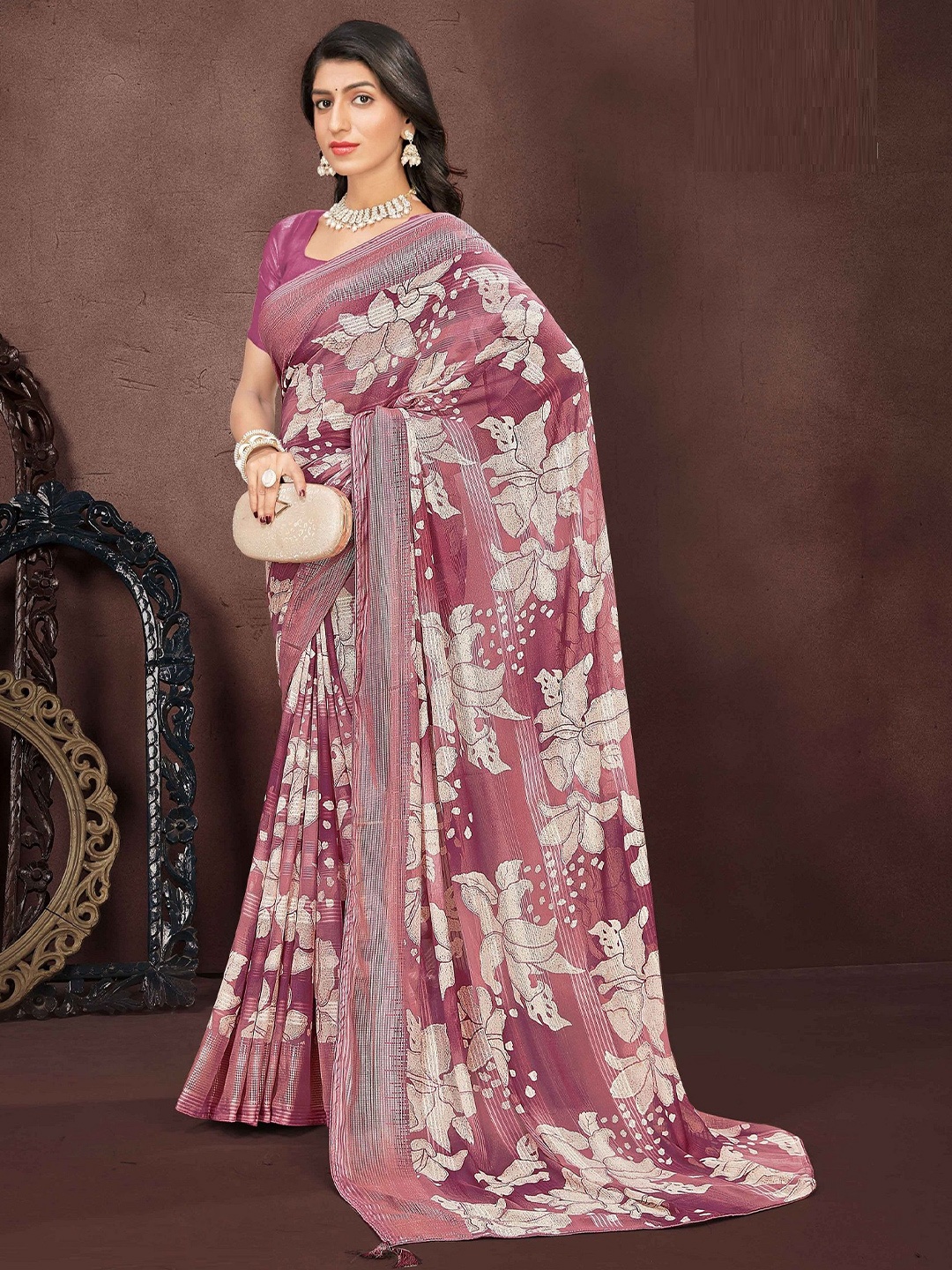 

MAHALASA Floral Pure Georgette Saree, Magenta