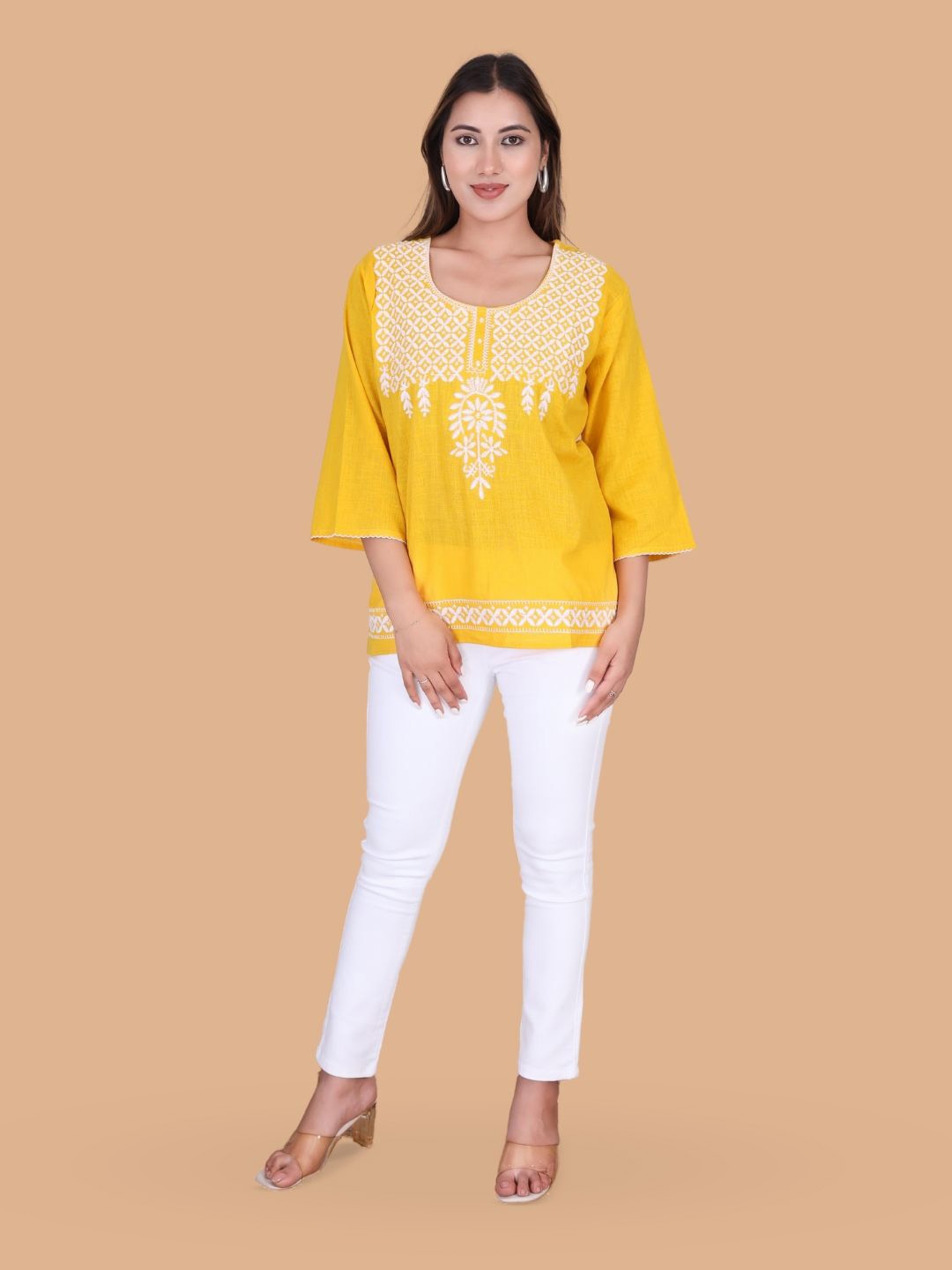 

Moda Rapido Floral Embroidered Flared Sleeves Thread Work Pure Cotton Thread Work Kurti, Yellow
