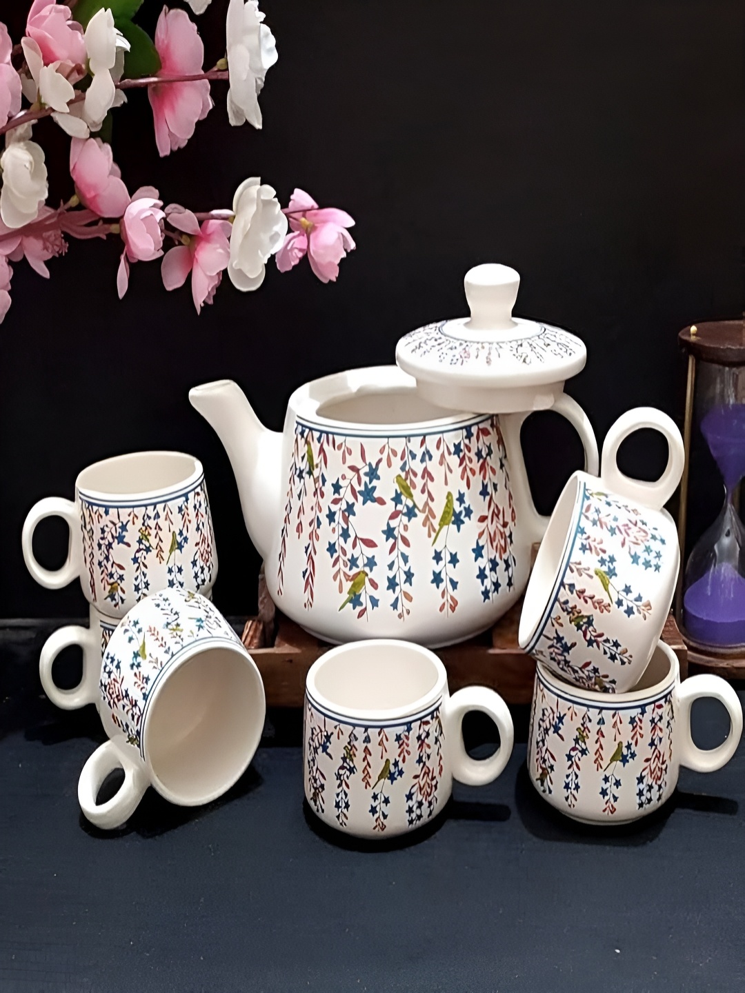 

MITHILA Handicrafts White & Multicoloured Textured Ceramic Glossy Mugs Set of Cups and Mugs