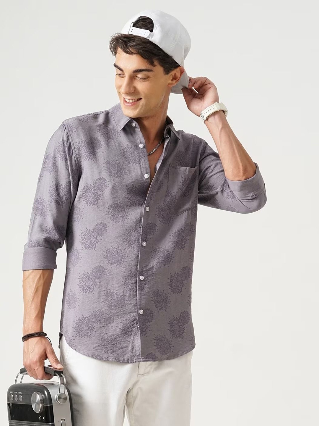

British Club Men Classic Slim Fit Opaque Printed Casual Shirt, Purple