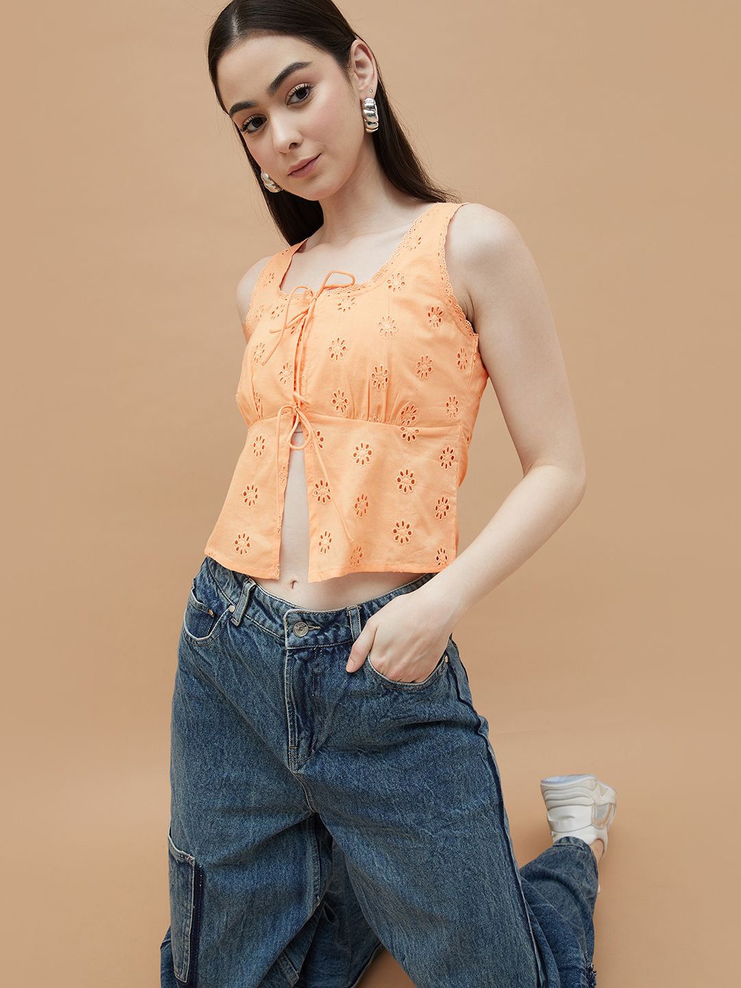 

Ginger by Lifestyle Floral Embroidered Tie-Up Neck Cotton Top, Orange