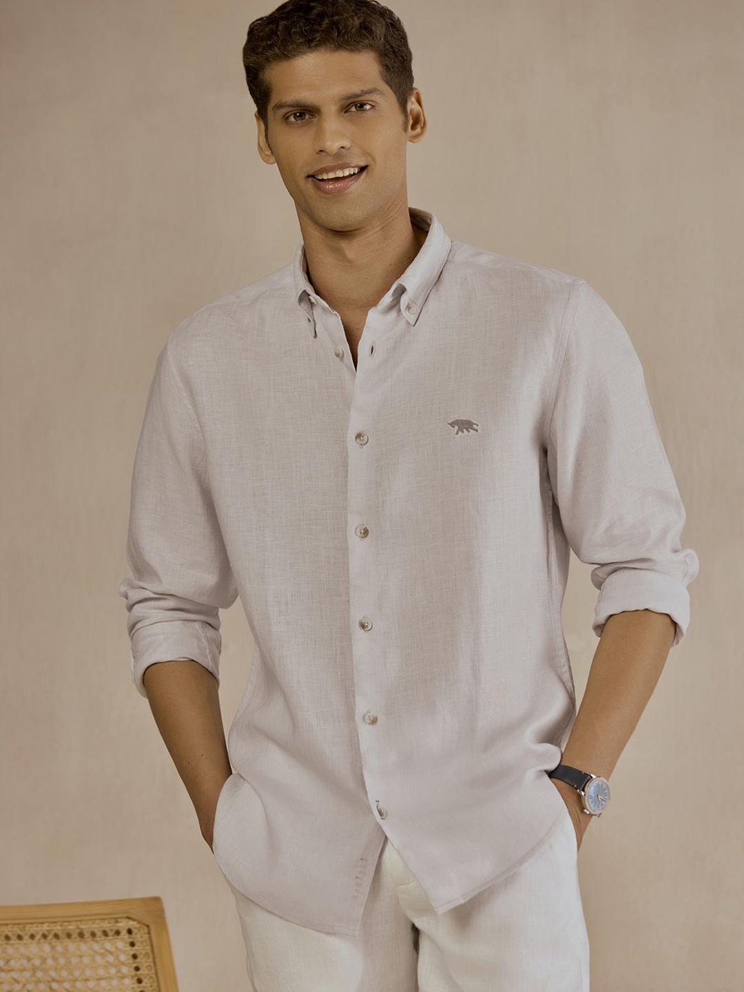 

Andamen Men Casual Linen Solid Regular Fit Shirt, Grey