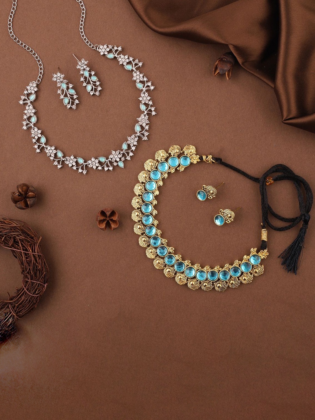 

Lyriss Set Of 2 Gold & Sliver-Plated American Diamond-Studded Jewellery Set