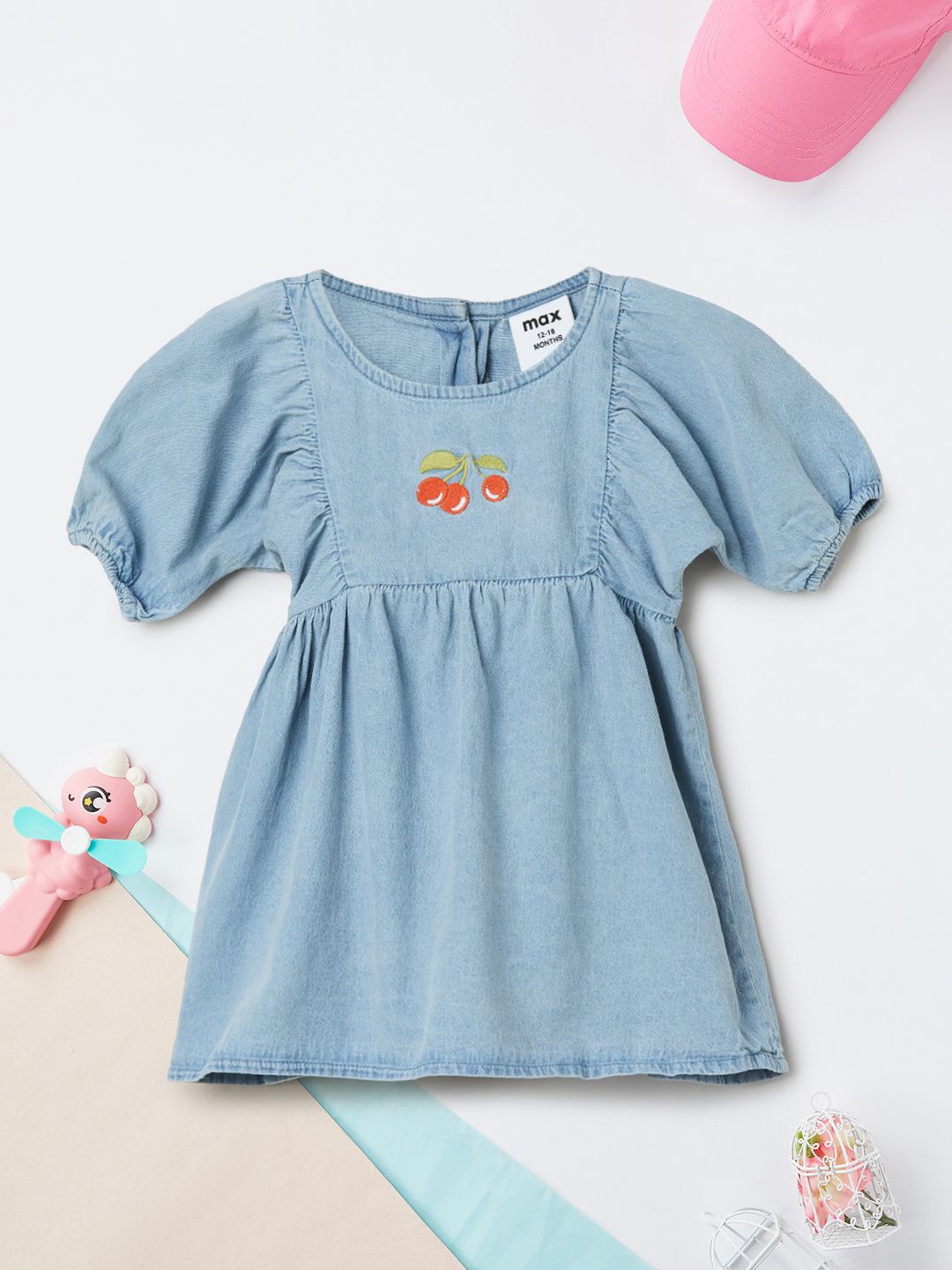 

max Girls Embroidered Puffed Sleeve A-Line Dress, Blue