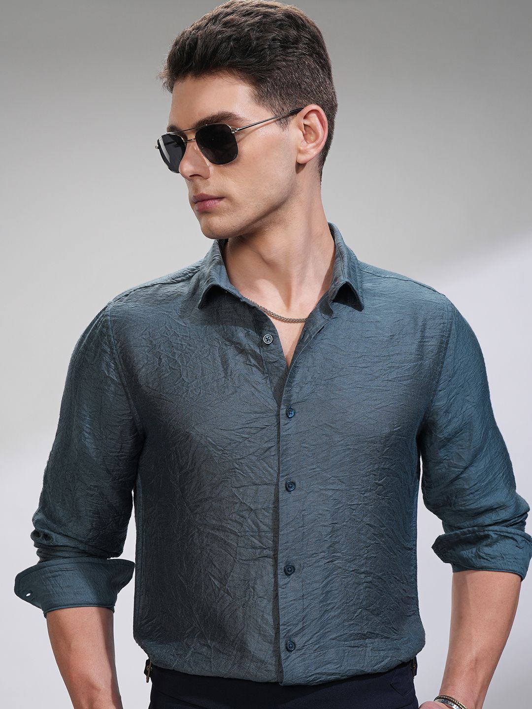 

HIGHLANDER Men Comfort Slim Fit Opaque Casual Shirt, Blue