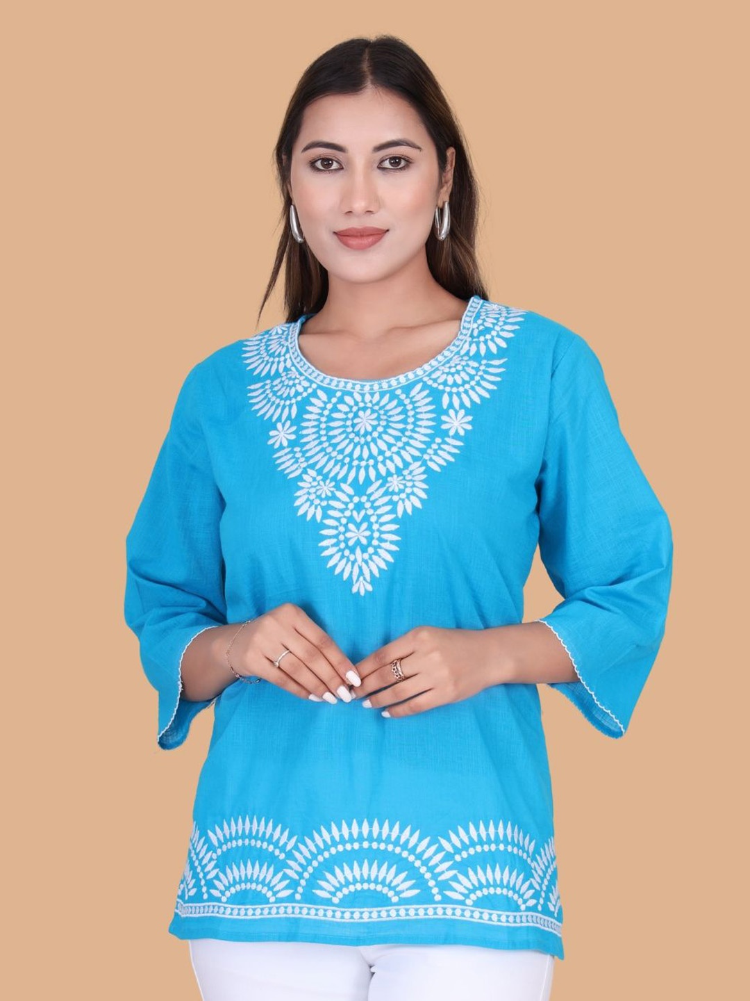 

Moda Rapido Floral Embroidered Flared Sleeves Pure Cotton Kurti, Blue