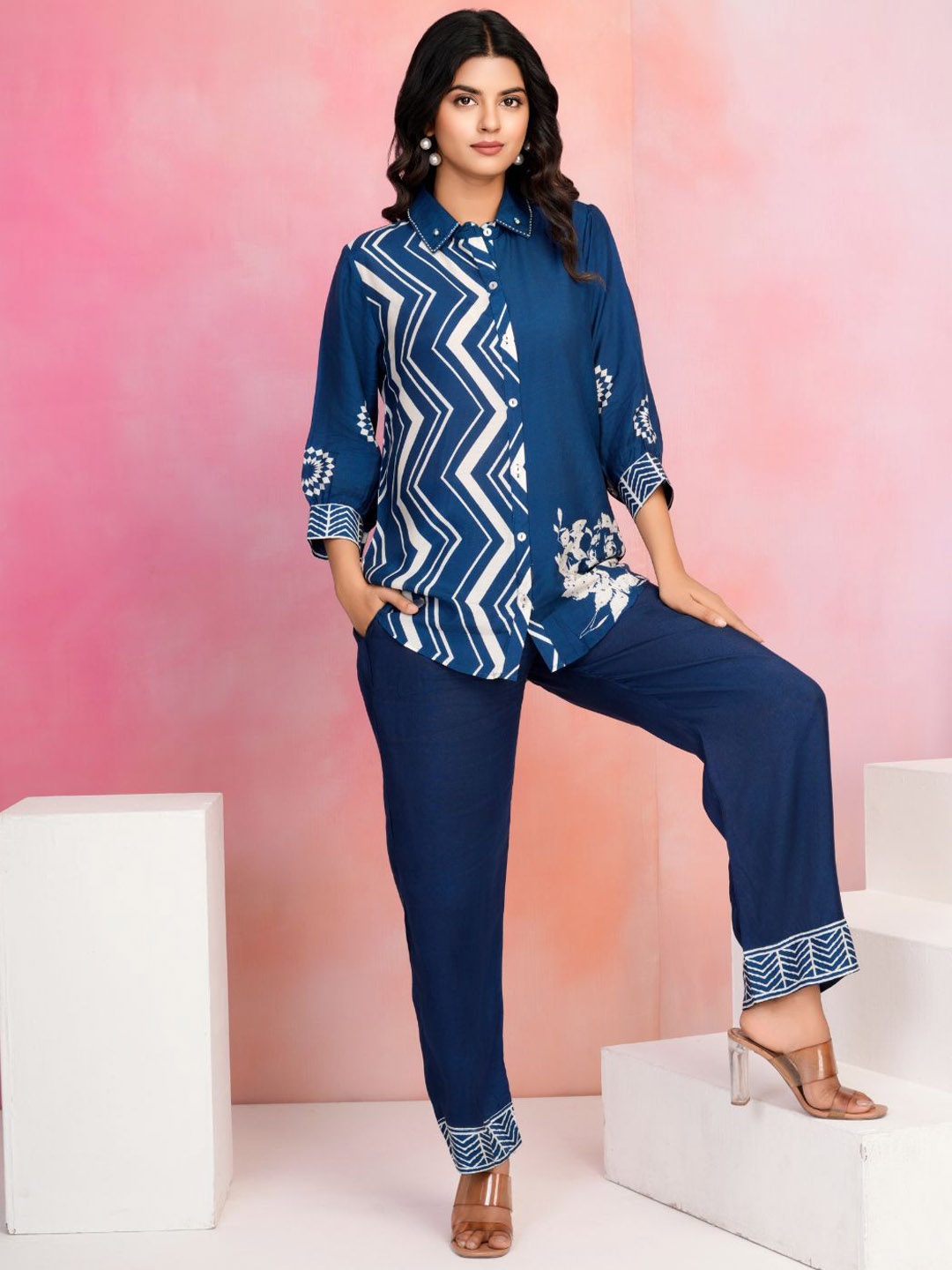 

Kaftanize Zigzag Stripe Shirt With Trousers Co-Ords, Navy blue