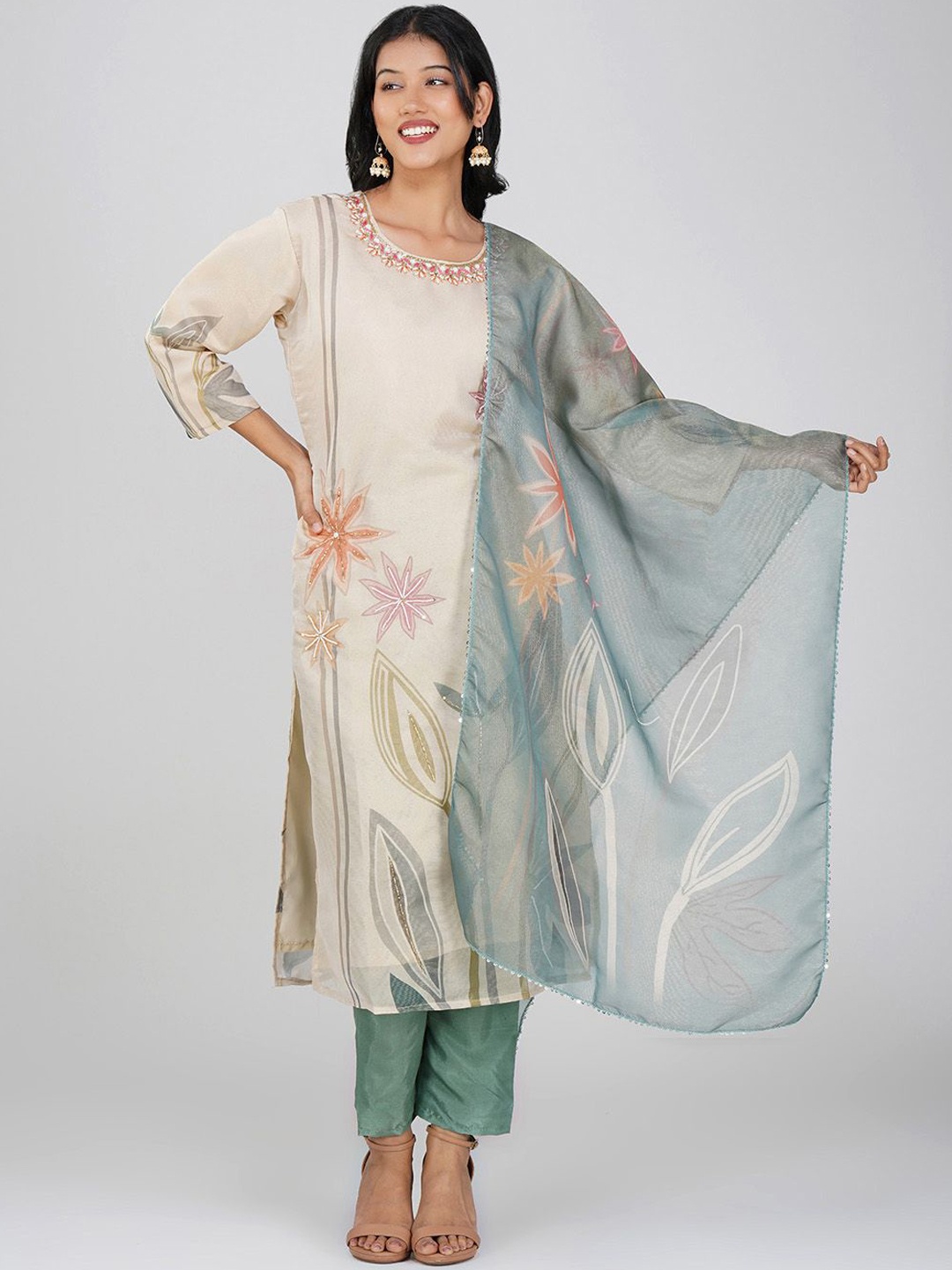 

Charitra Women Floral Printed Regular Beads and Stones Kurta with Trousers & With Dupatta, Mustard