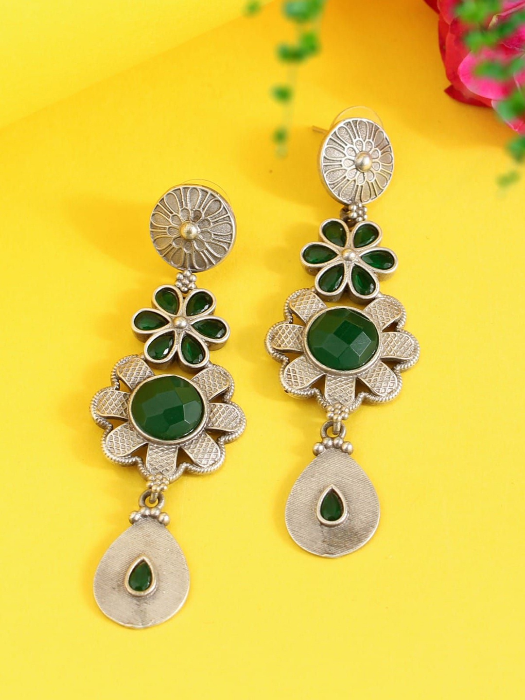 

SANAA CREATIONS Silver-Plated Artificial Stones Studded Floral Oxidised Drop Earrings