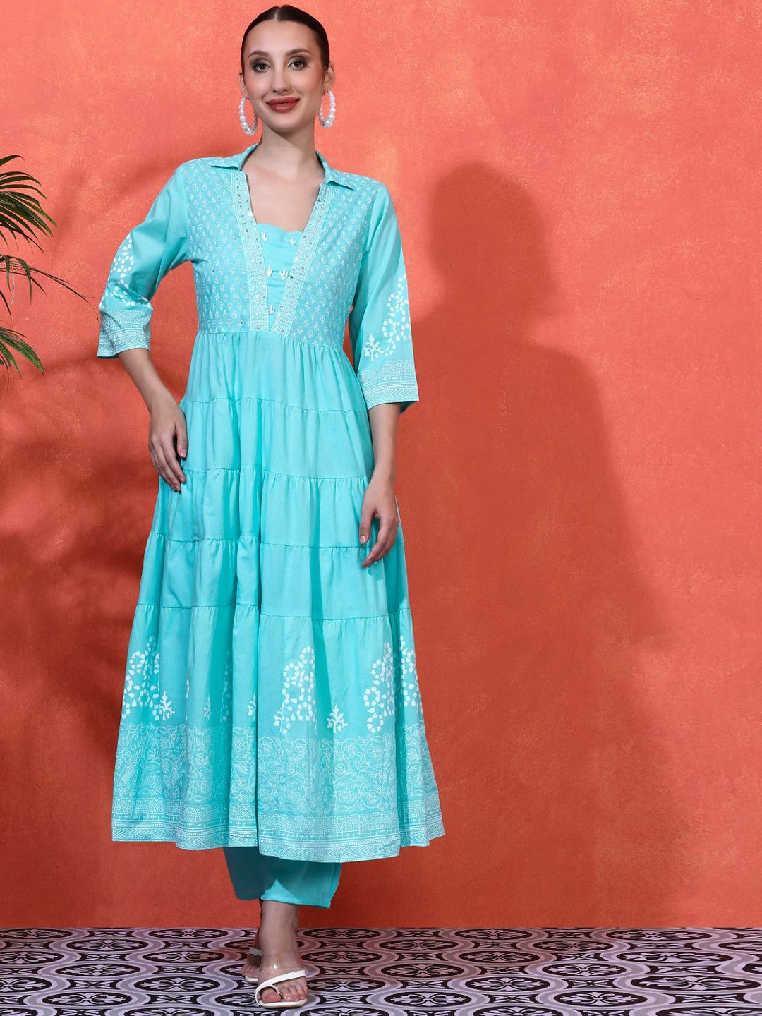 

Sangria Embroidered Pure Cotton A-Line Kurta & Trousers Set, Blue