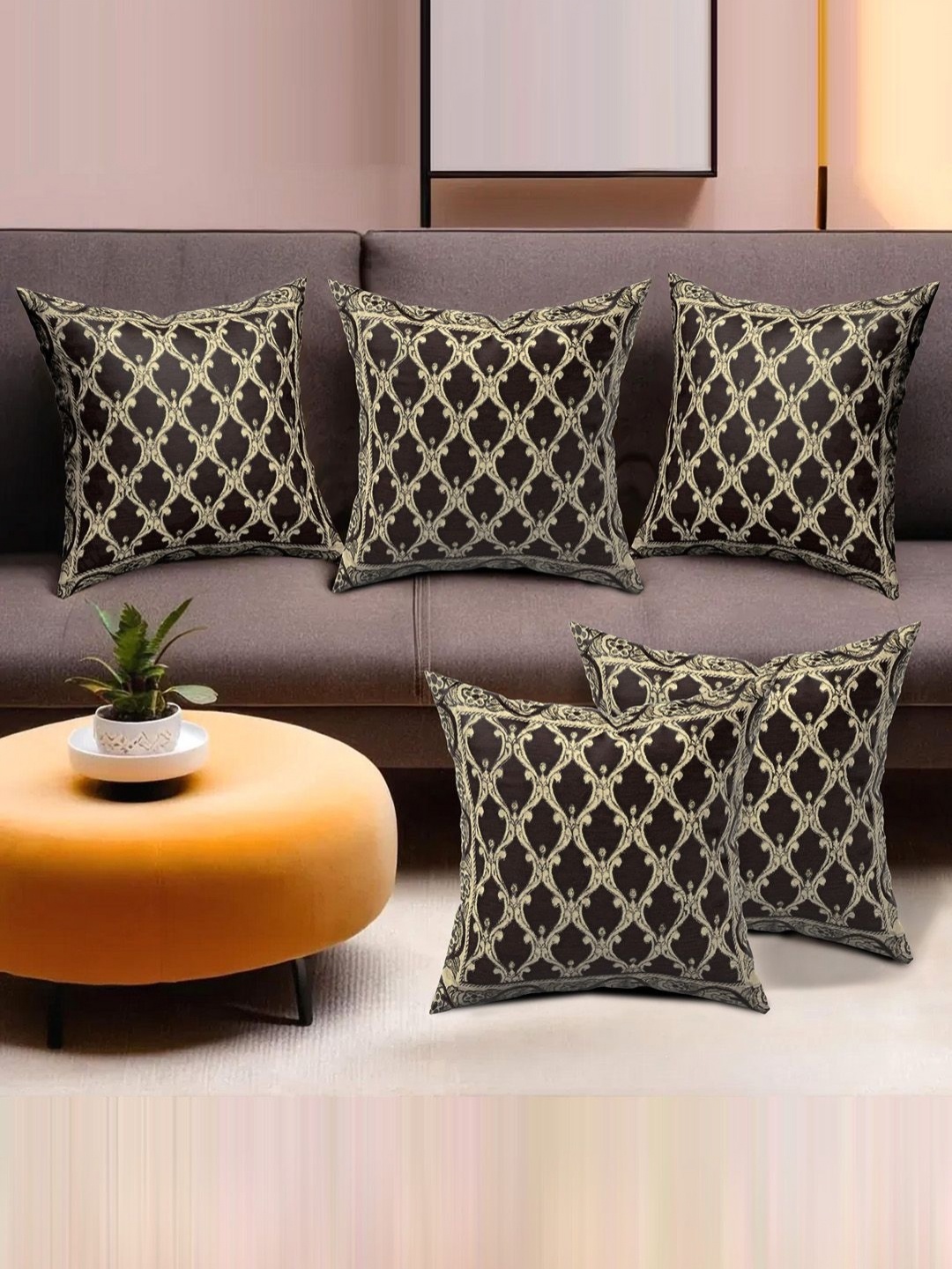 

Aura Brown & Beige Set of 5 Ethnic Motifs Square Cushion Covers