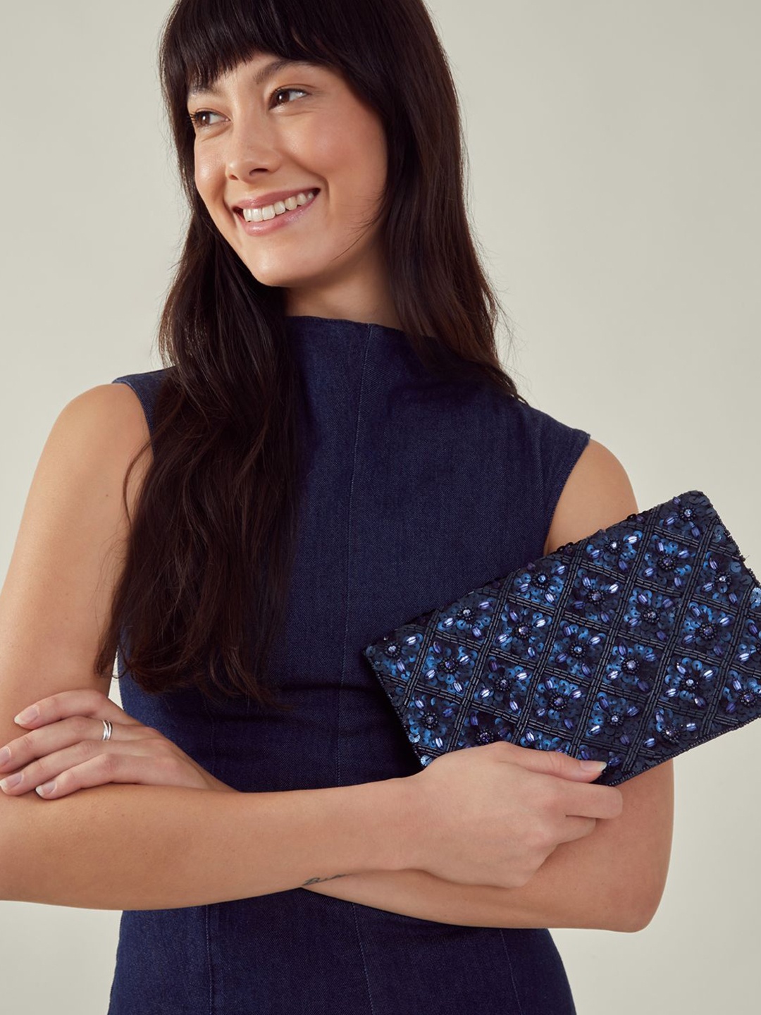 

Accessorize Embroidered Foldover Clutch, Navy blue