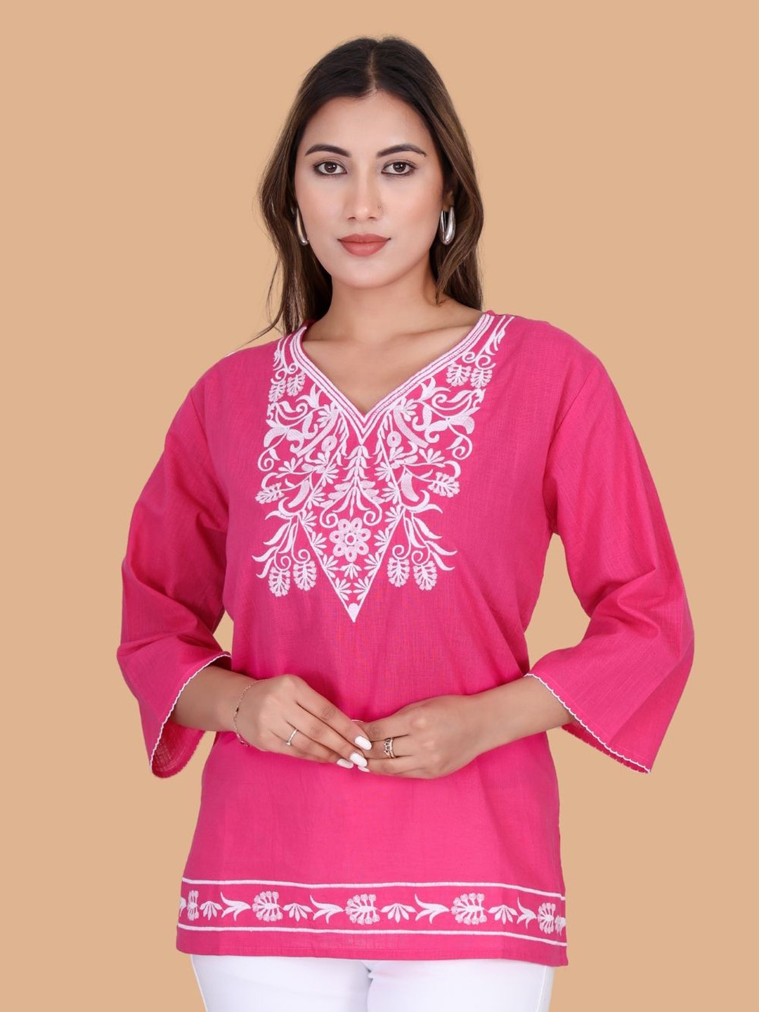 

Moda Rapido Floral Embroidered Flared Sleeves Thread Work Pure Cotton Thread Work Kurti, Pink