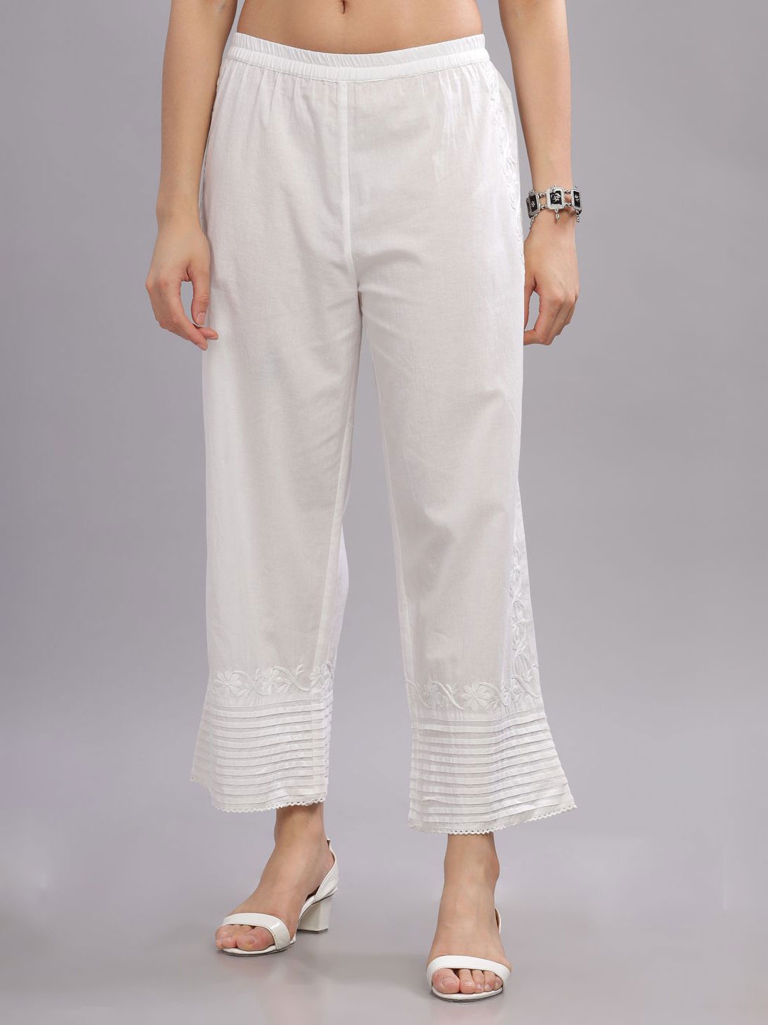 

Club Loom Women Embroidered Knitted Palazzos, White