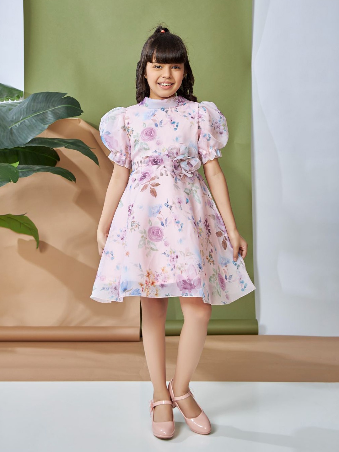 

Peppermint Floral Print Puff Sleeve Chiffon Fit & Flare Dress, Peach