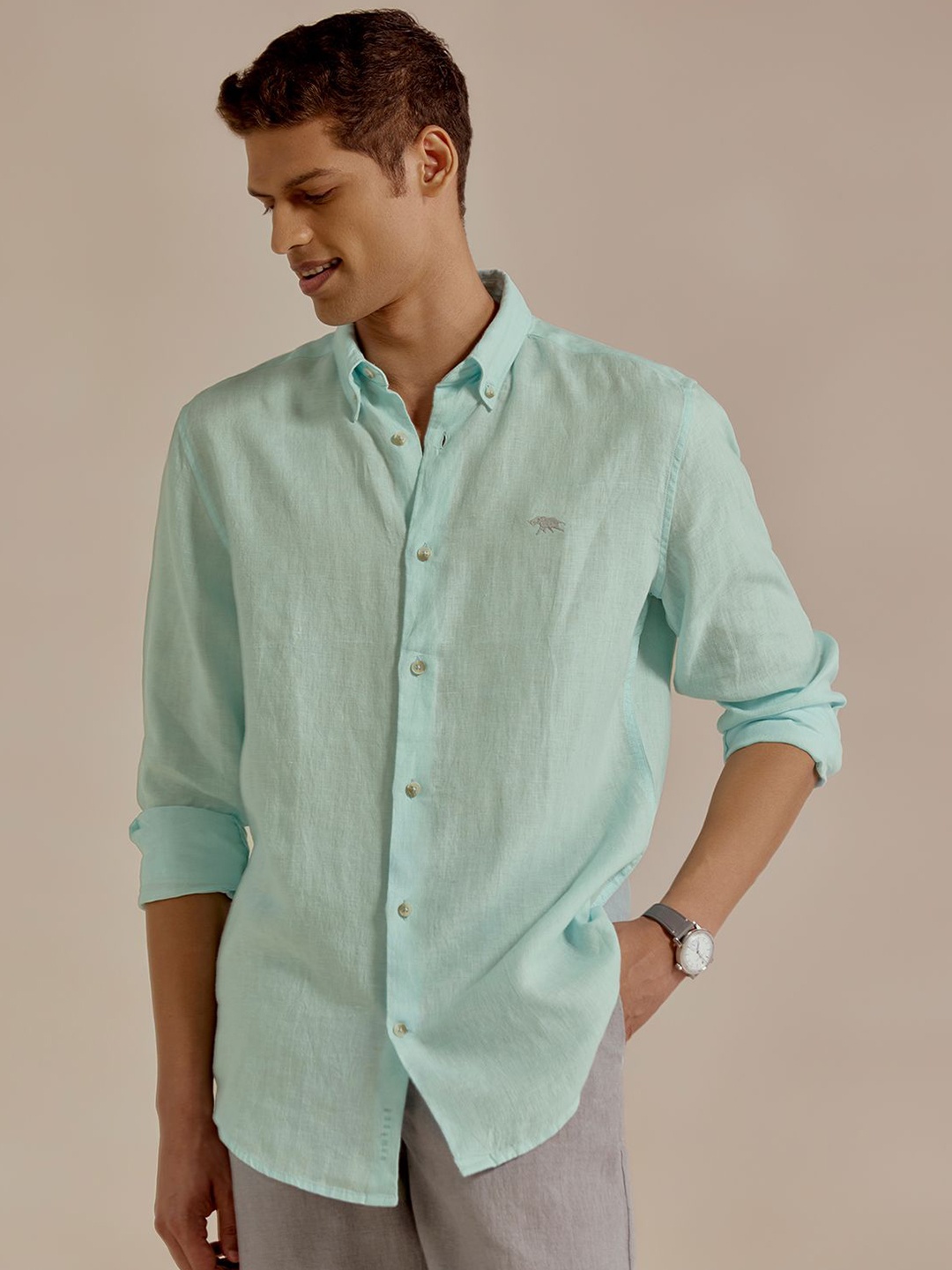 

Andamen Men Casual Linen Solid Regular Fit Shirt, Teal