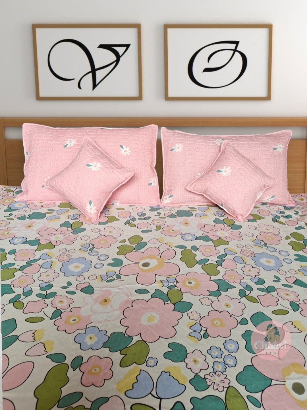 

CG HOMES Pink & Green Floral 180 TC Queen Bedsheet with 2 Pillow Covers
