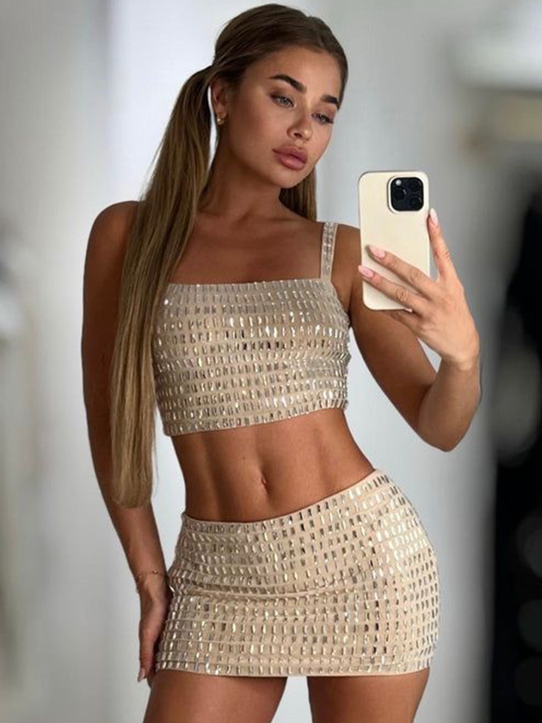 

PANKH Rhinestone Studded Top With Skirt Co-Ords, Beige