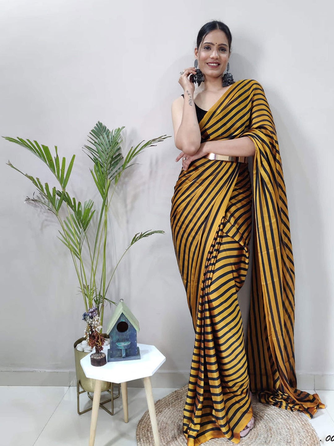 

HERE&NOW Striped Satin Jamdani Saree, Yellow