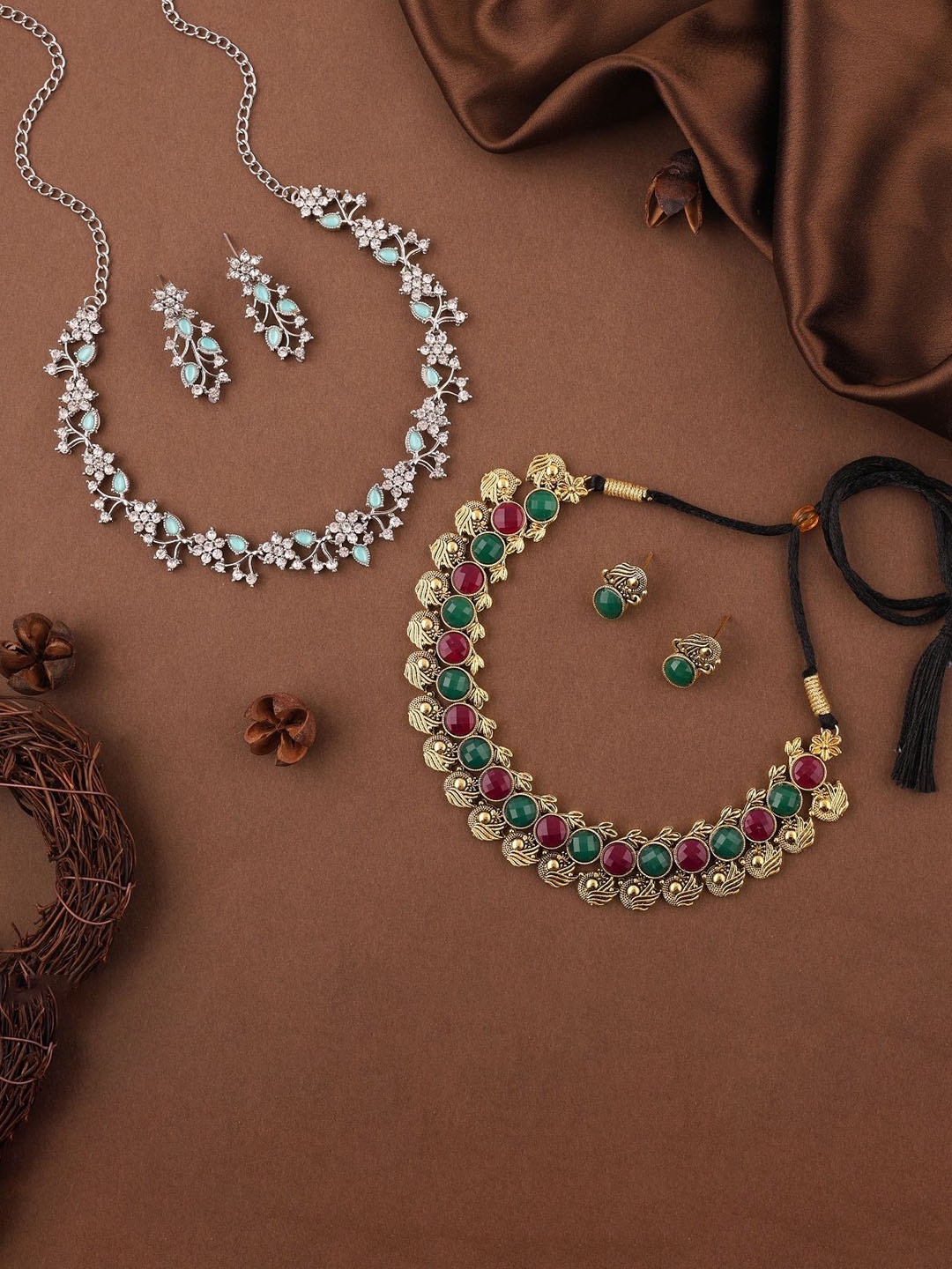 

Lyriss Set Of 2 Gold & Sliver-Plated American Diamond-Studded Jewellery Set