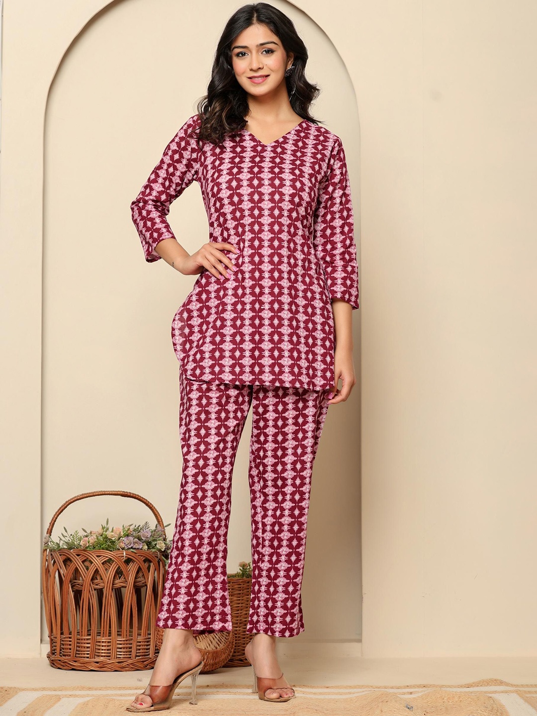 

Ragavi Printed Pure Cotton Tunic With Trouser Co-Ords, Pink