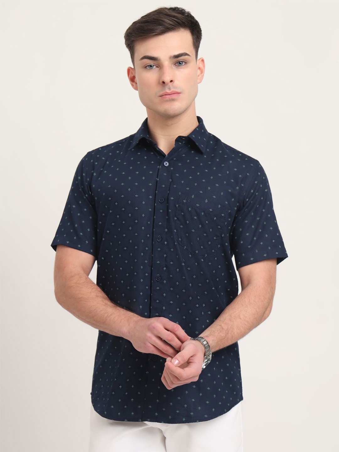 

JADE BLUE Men Slim Fit Opaque Printed Casual Shirt, Navy blue