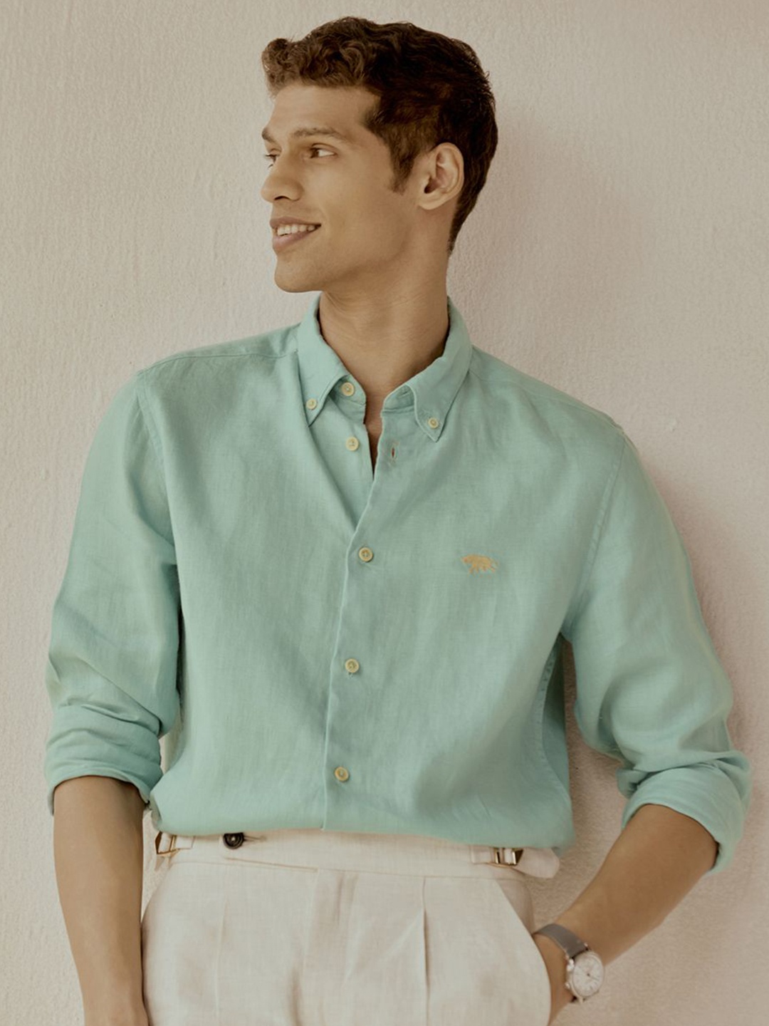 

Andamen Men Casual Linen Solid Regular Fit Shirt, Teal