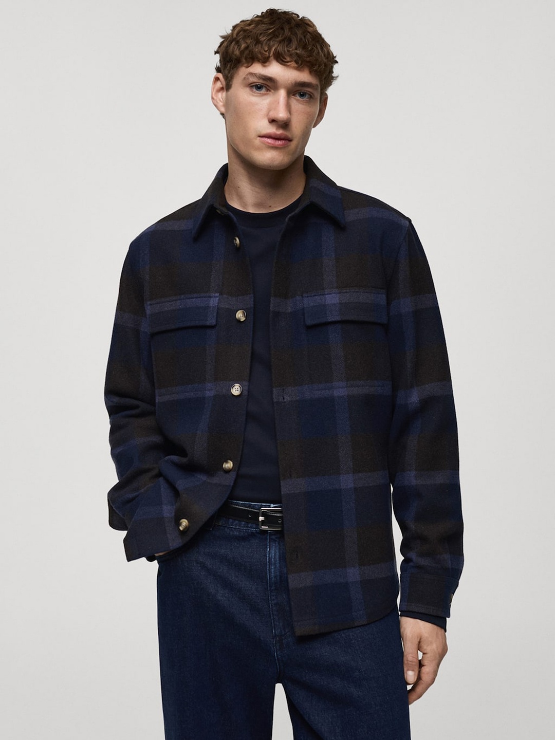 

MANGO MAN Checked Flannel Shacket, Blue