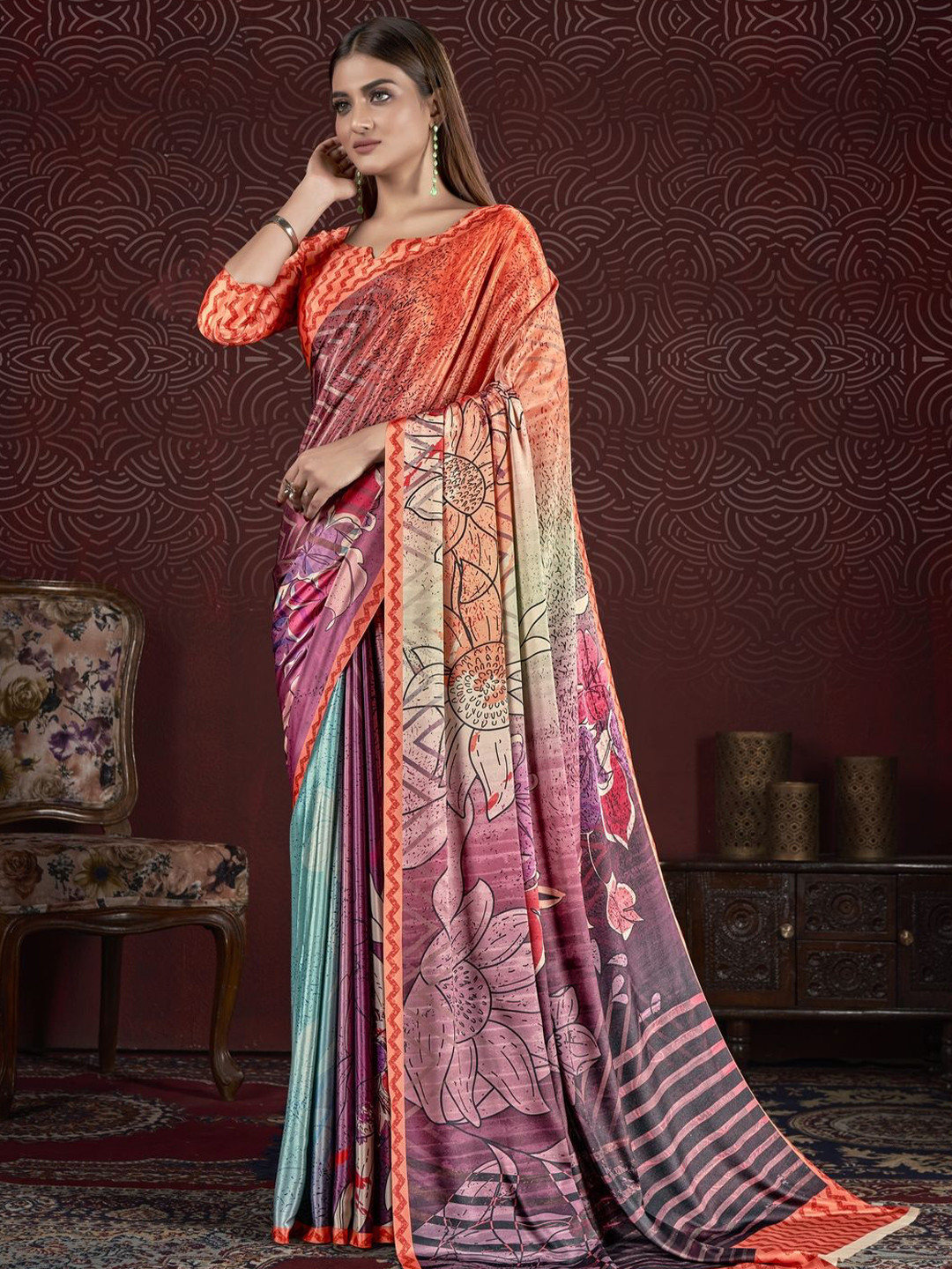 

Suha Floral Poly Crepe Saree, Purple