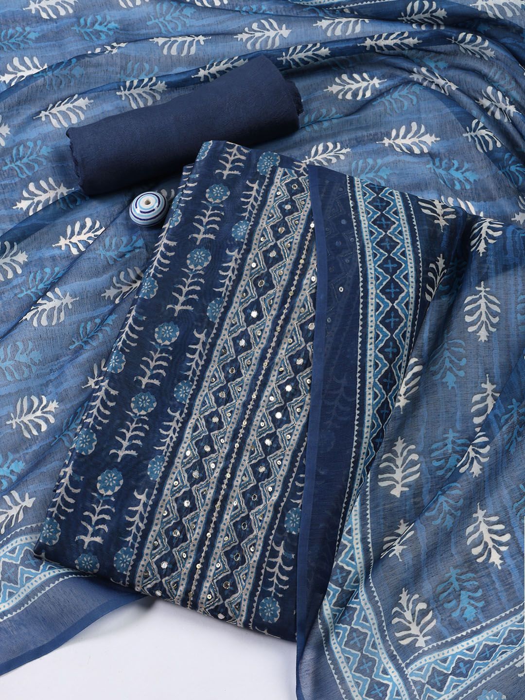 

Meena Bazaar Printed Art Silk Unstitched Dress Material, Navy blue