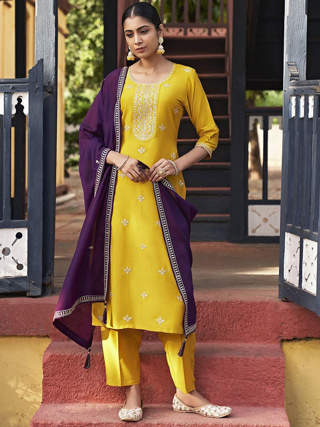 

Colors of Earth Women Embroidered Regular Kurta with Trousers & With Dupatta, Yellow