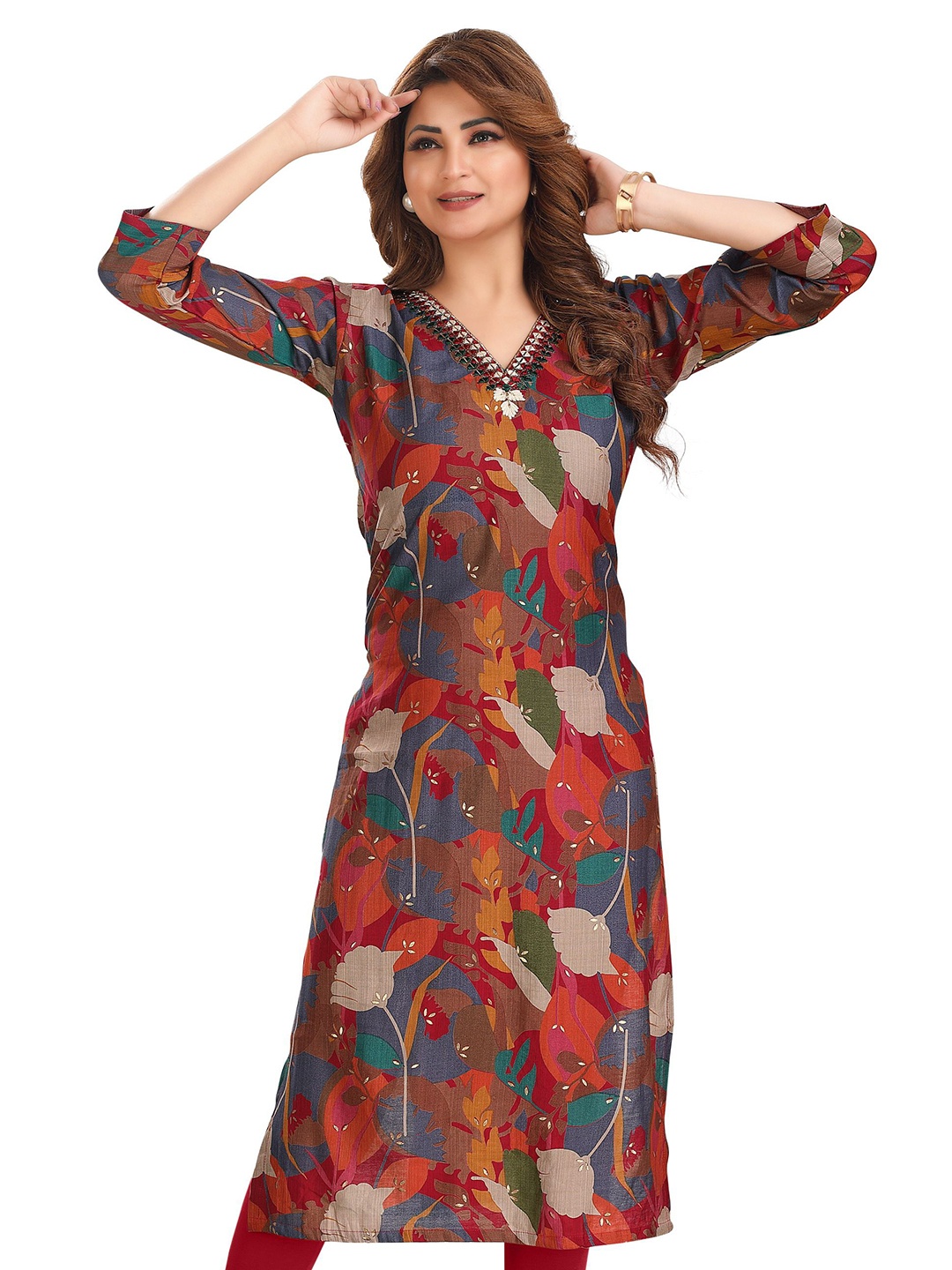 

Meher Impex Embroidered V-Neck Ethnic A-Line Kurta, Red