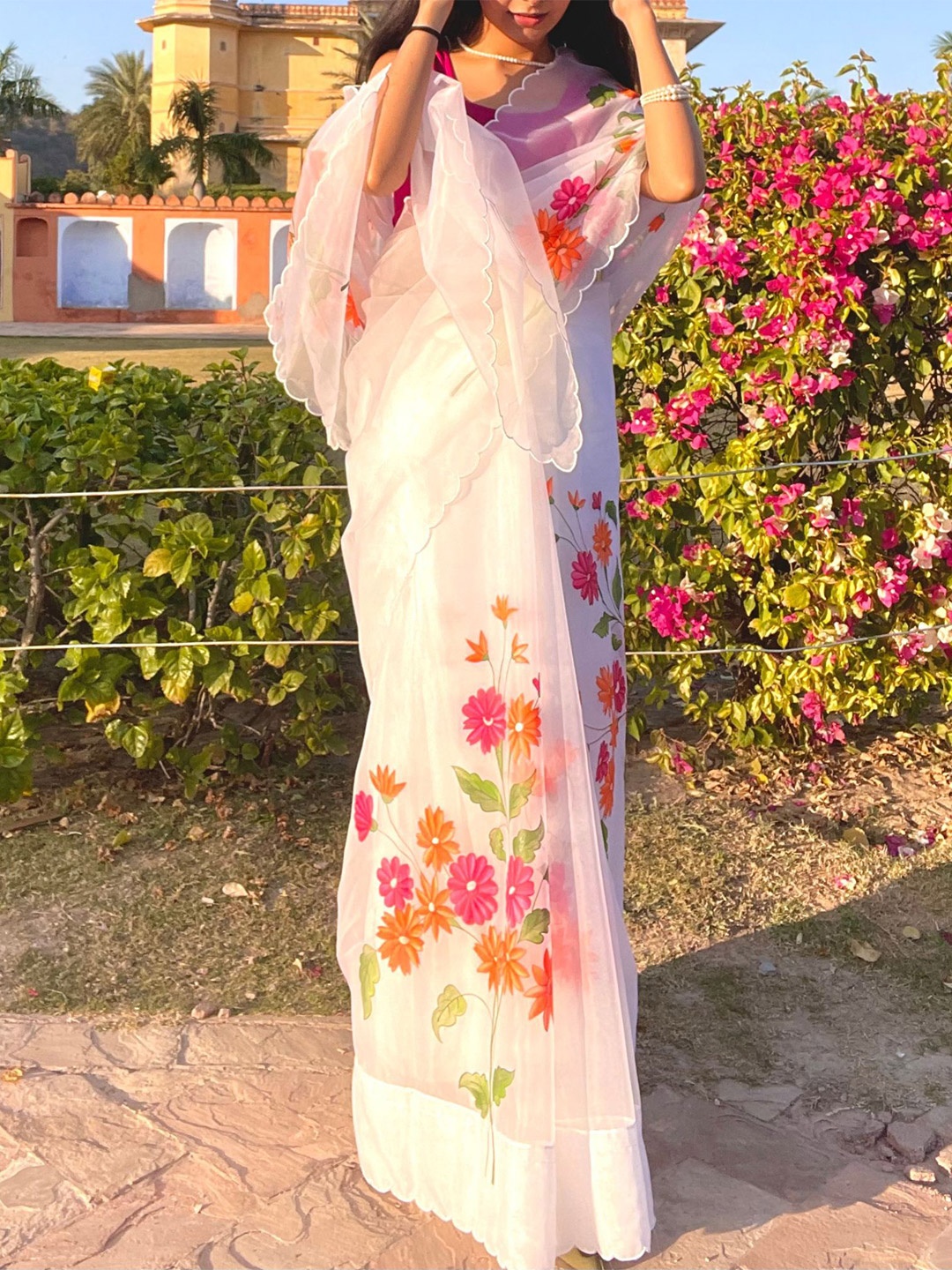 

Noor by Hansa White Hand-Painted Organza Silk Saree