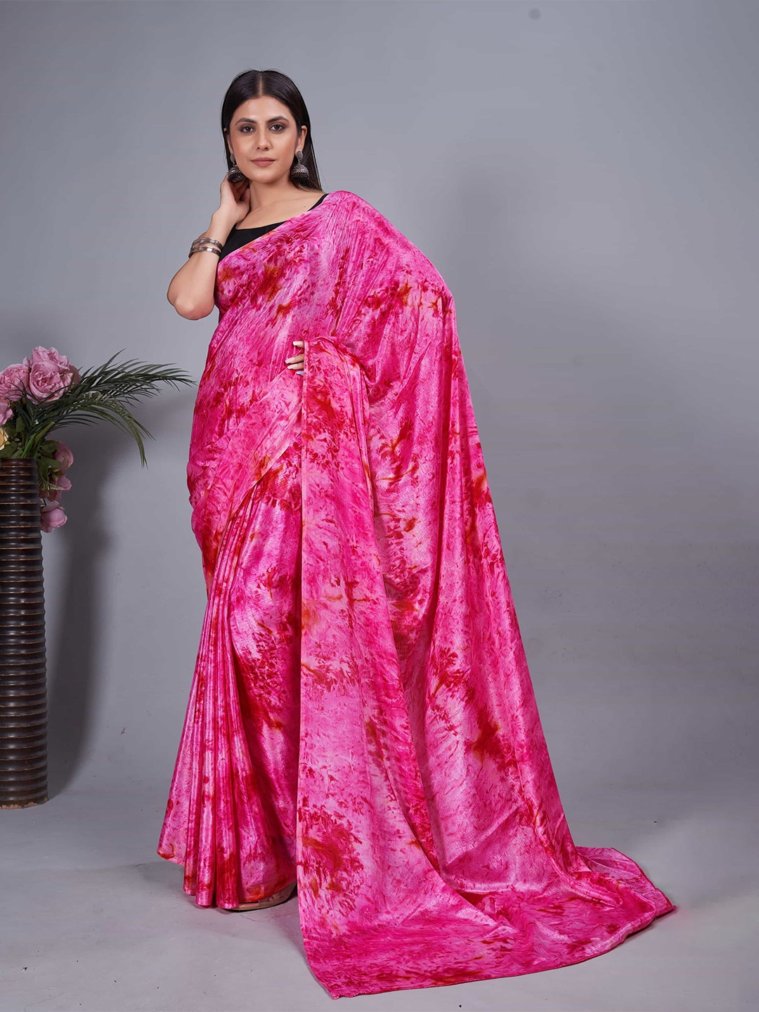 

HERE&NOW Tie and Dye Pure Chiffon Ready to Wear Saree, Pink