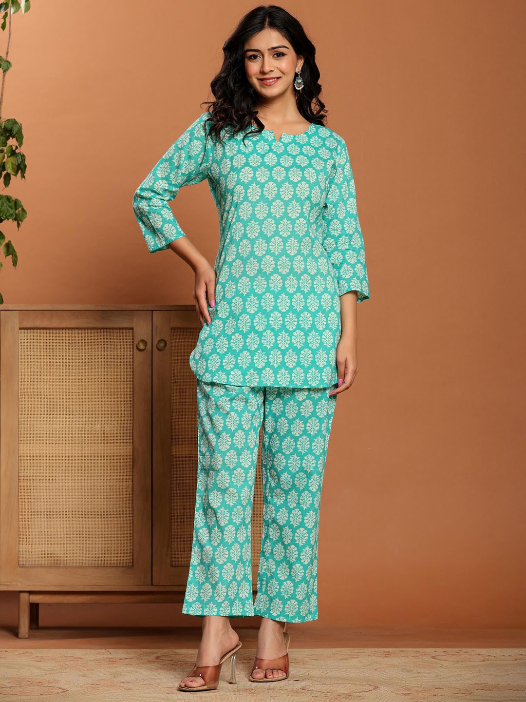 

Rouhab Printed Pure Cotton Top With Trouser Co-Ords, Green