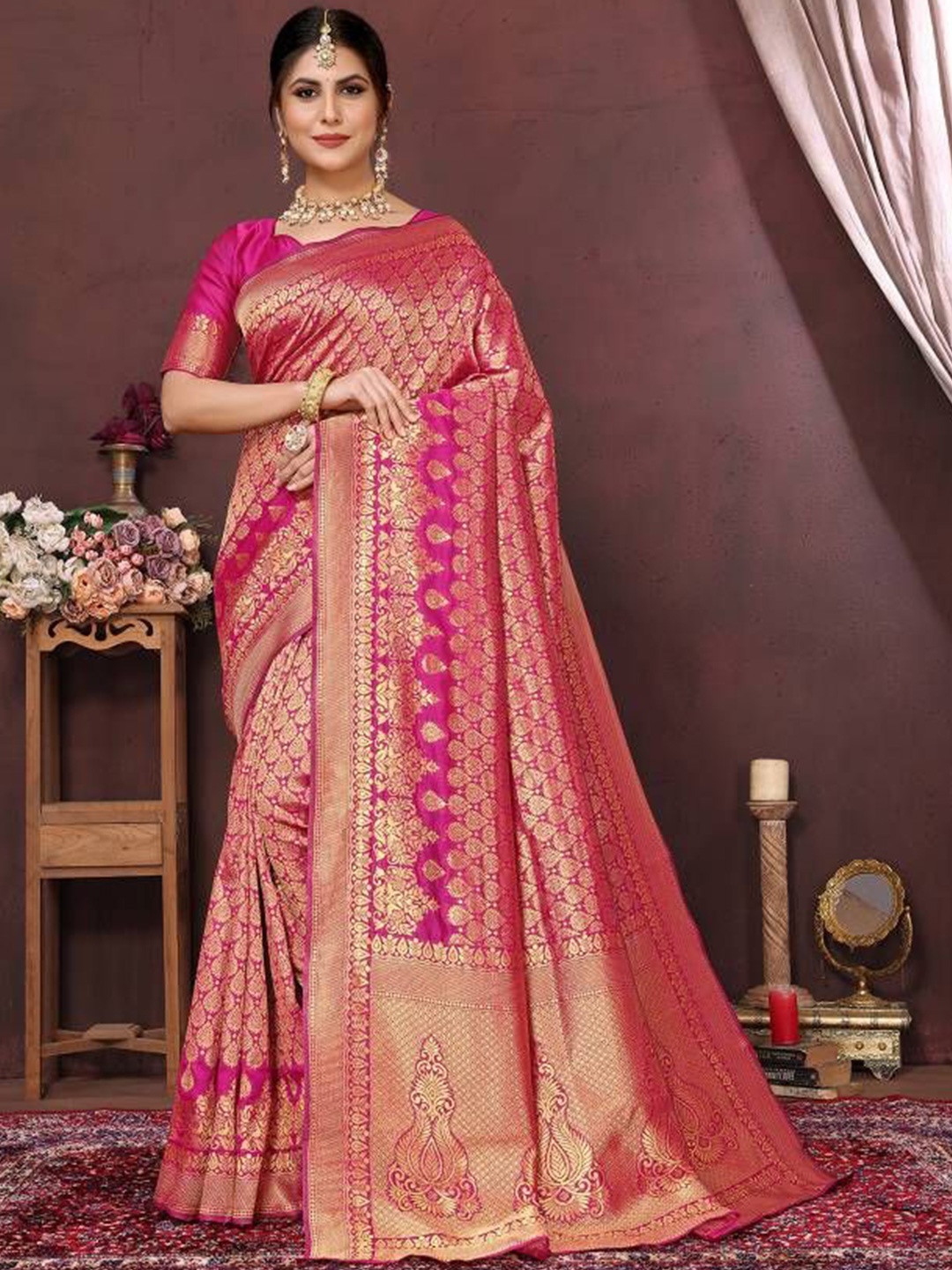

MUSKAN CREATION Woven Design Zari Silk Cotton Kanjeevaram Saree, Pink