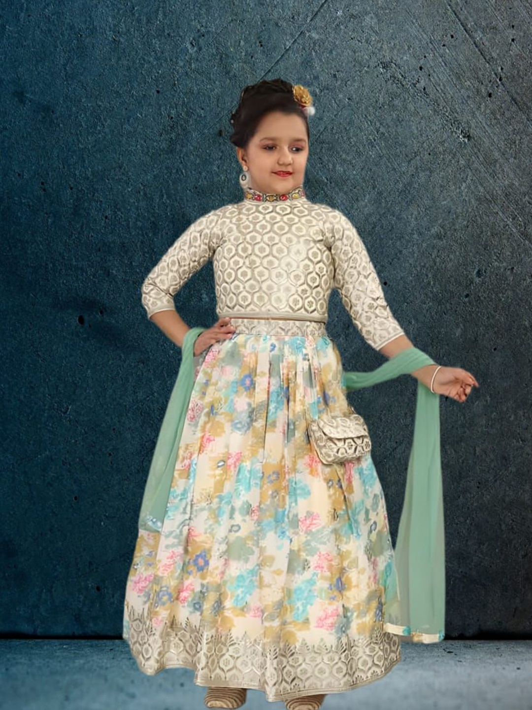 

BAESD Girls Printed Ready to Wear Lehenga & Blouse With Dupatta, Cream