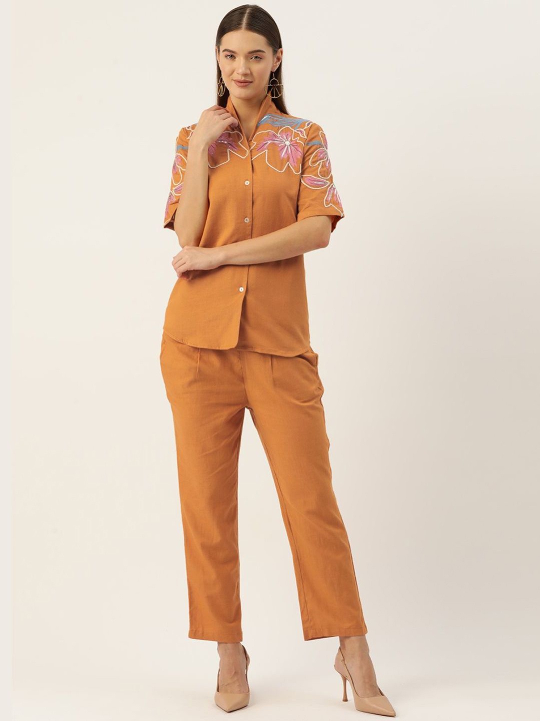 

Kaftanize Tangerine Twist Thread Work Top With Trousers Co-Ords, Orange
