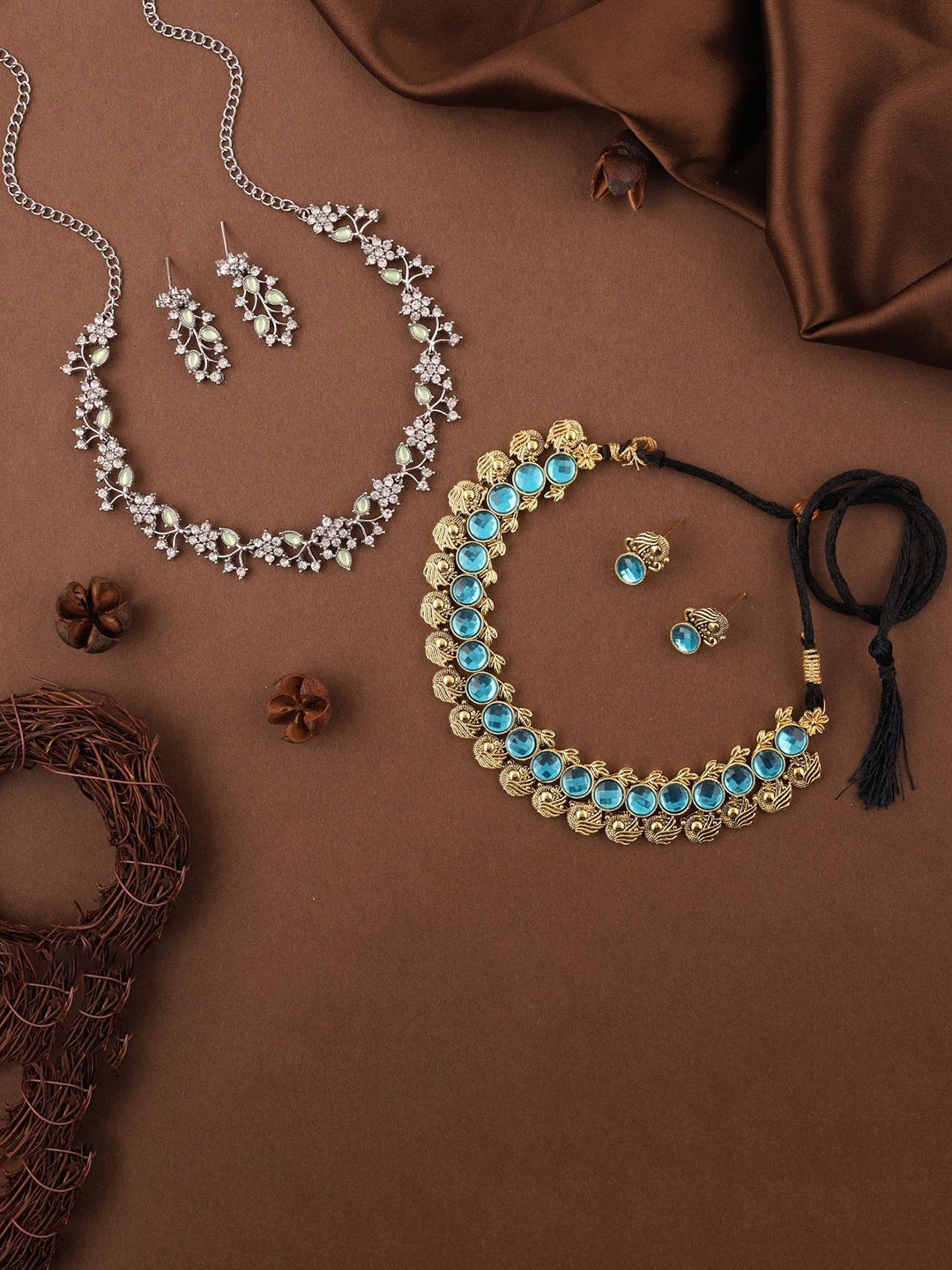 

Lyriss Set Of 2 Gold & Silver Plated AD Stone Studded Jewellery Sets